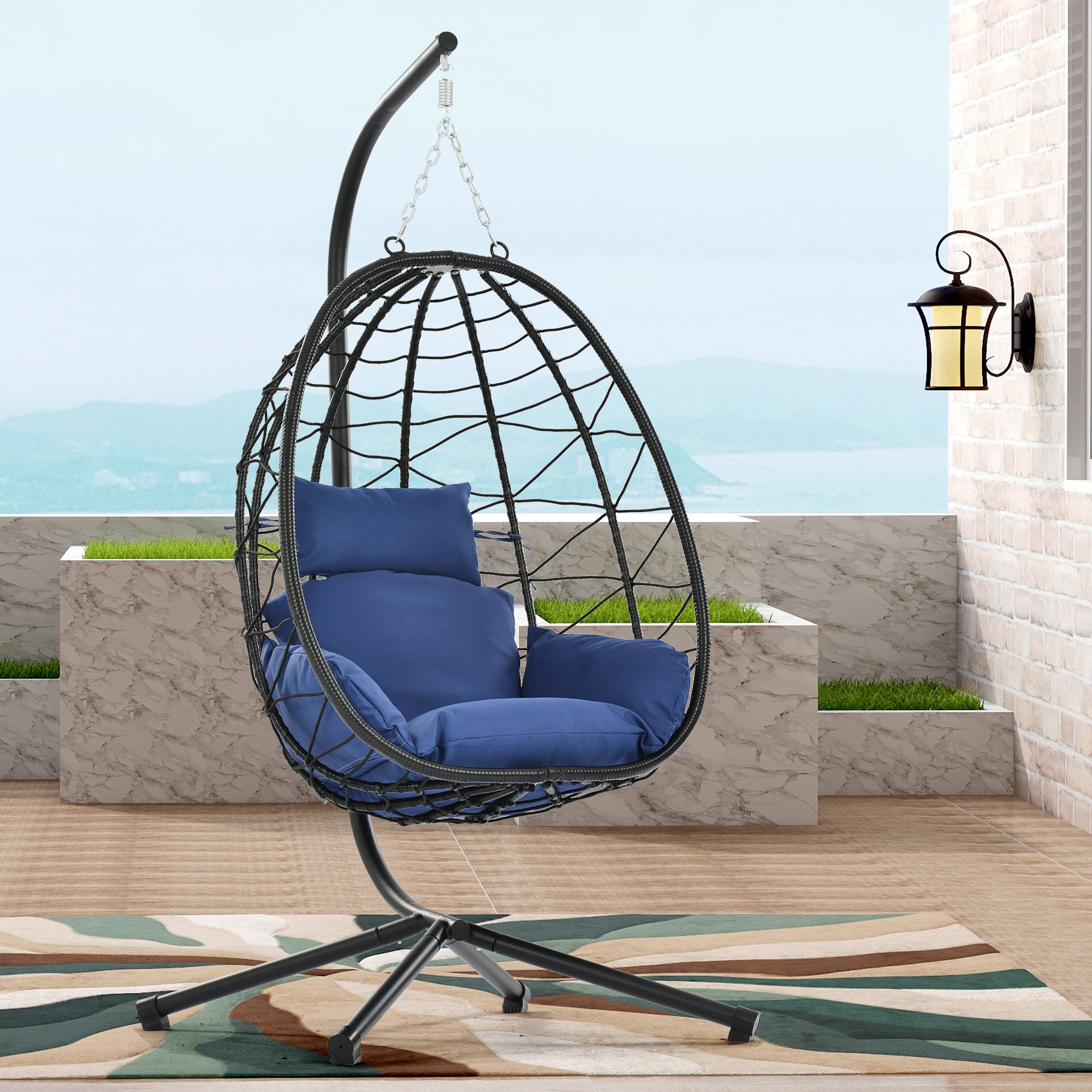 SESSLIFE Outdoor Indoor Egg Chair with Stand, Rattan Hangging Egg Chair with Thick Cushion and Headrest for Bedroom, Porch, Garden, Balcony, Patio, Blue