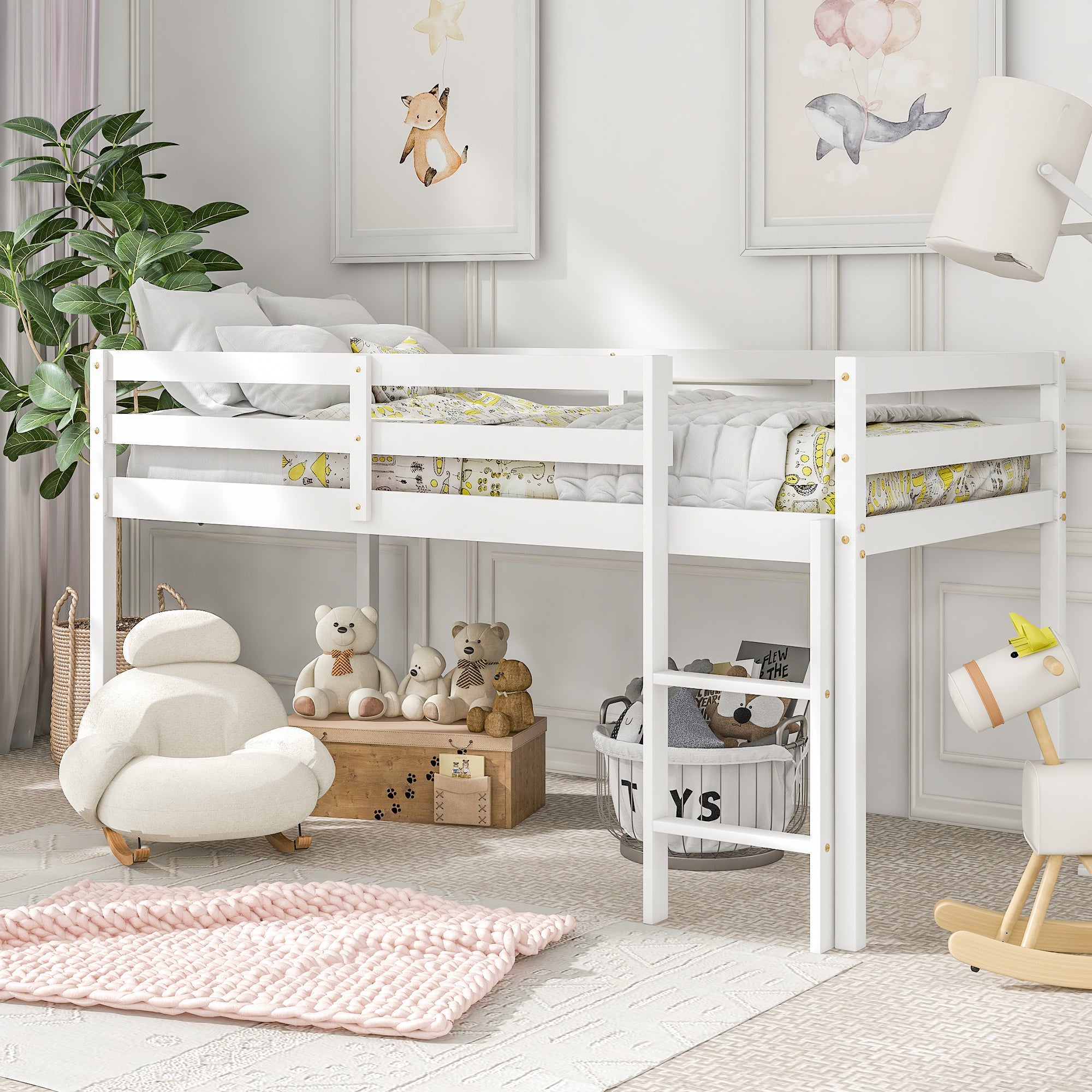 PAPROOS Twin Loft Bed with Ladder, Low Height Solid Wood Loft Bed Frame, Loft Bed with Guardrails and Storage Space Underneath, No Box Spring Needed, Pink