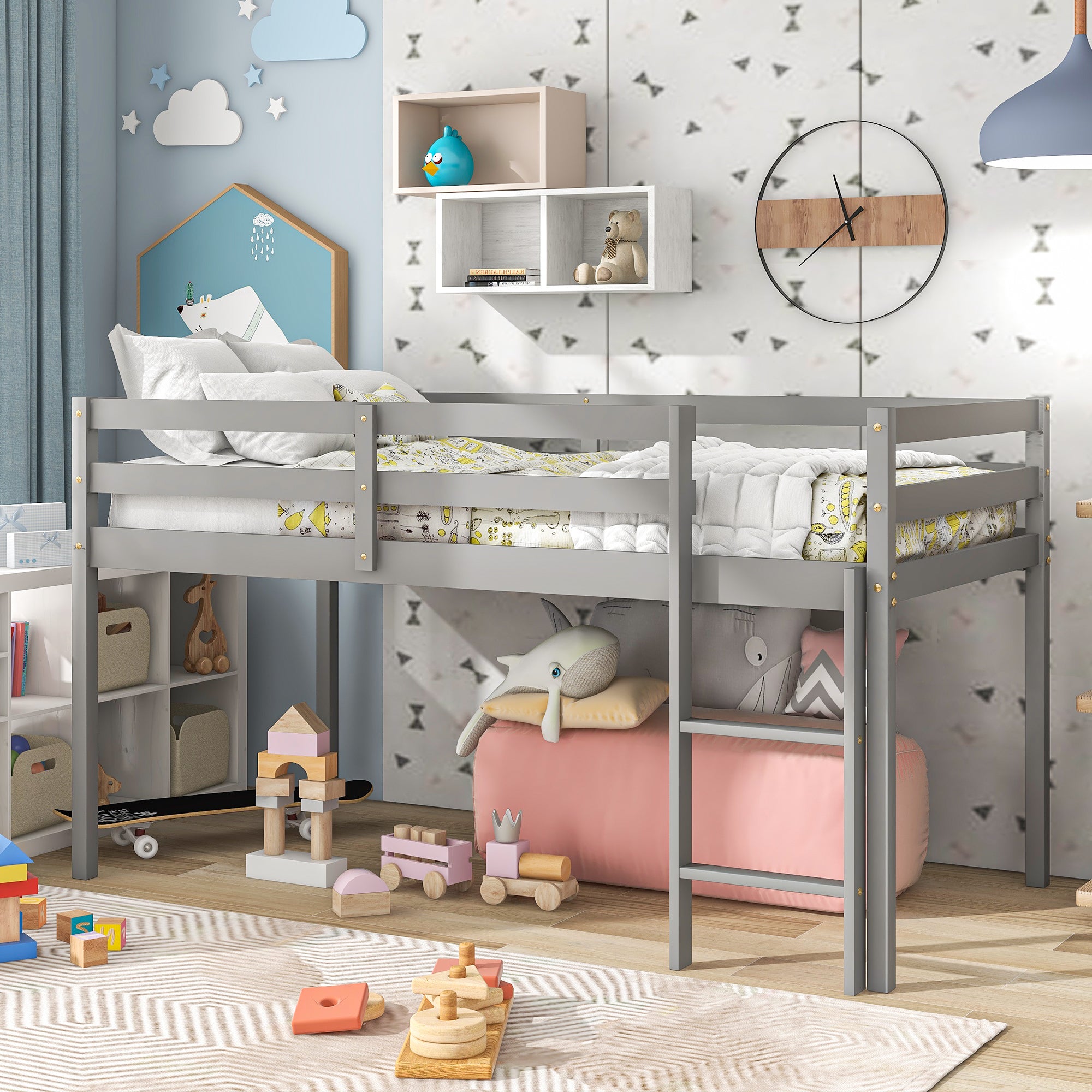 PAPROOS Twin Loft Bed with Ladder, Low Height Solid Wood Loft Bed Frame, Loft Bed with Guardrails and Storage Space Underneath, No Box Spring Needed, Pink