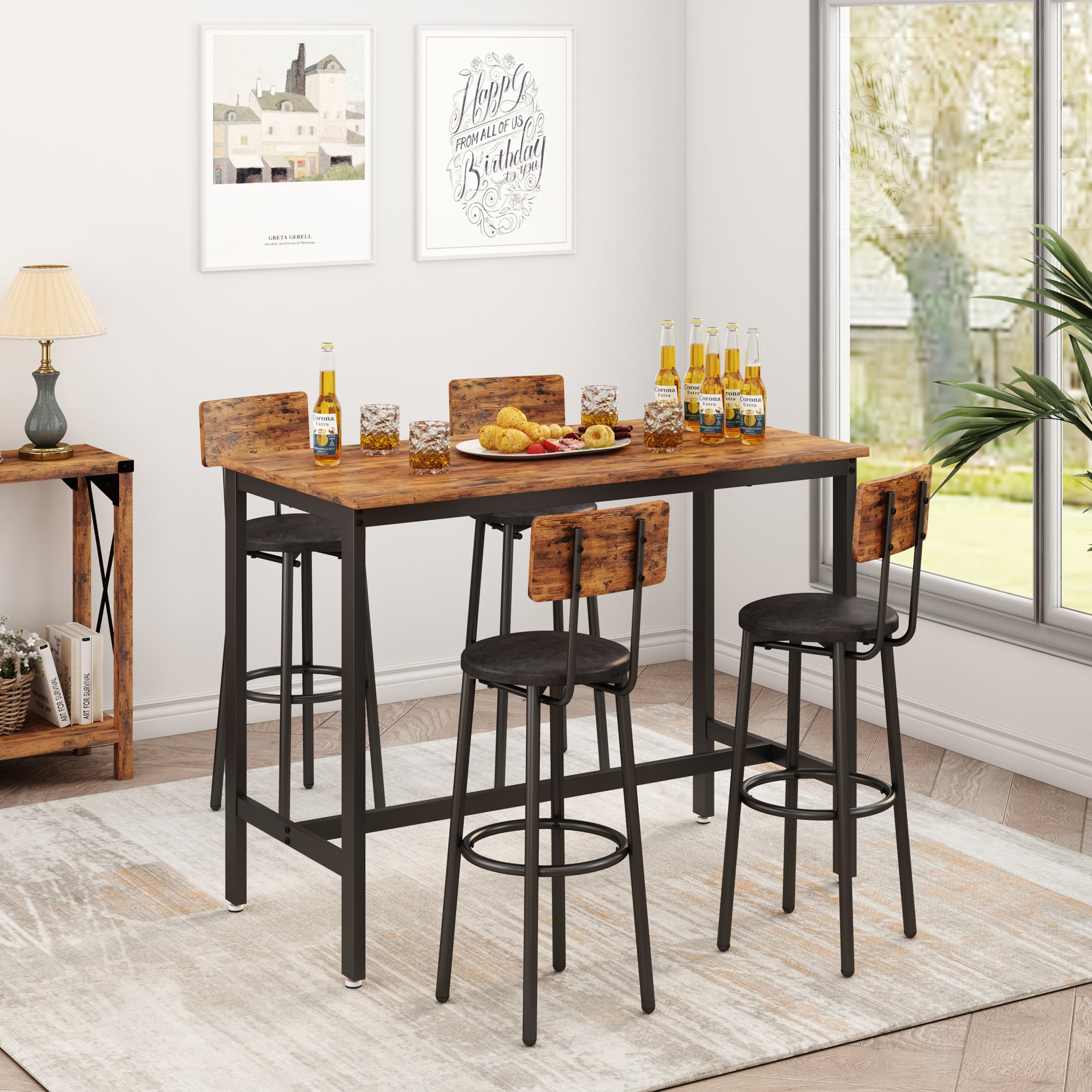 Kitchen Table and Chairs for 4, Wooden Dining Table Set, Breakfast Nook Corner Dining Set, Contemporary High Counter Dining Table Set for Bar Pub Bistro Kitchen Restaurant,