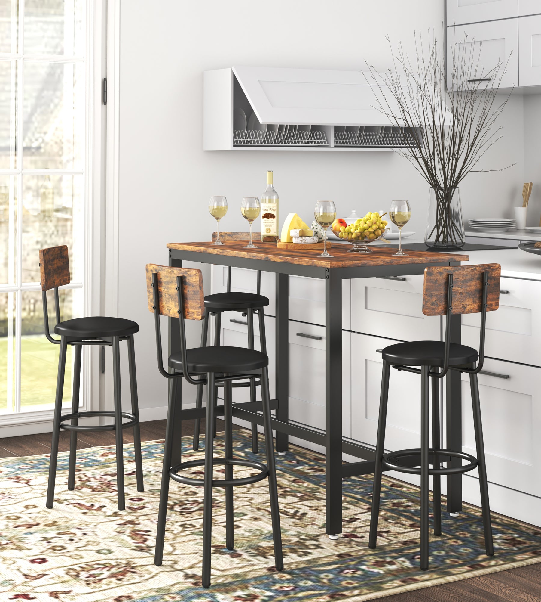 Kitchen Table and Chairs for 4, Wooden Dining Table Set, Breakfast Nook Corner Dining Set, Contemporary High Counter Dining Table Set for Bar Pub Bistro Kitchen Restaurant,