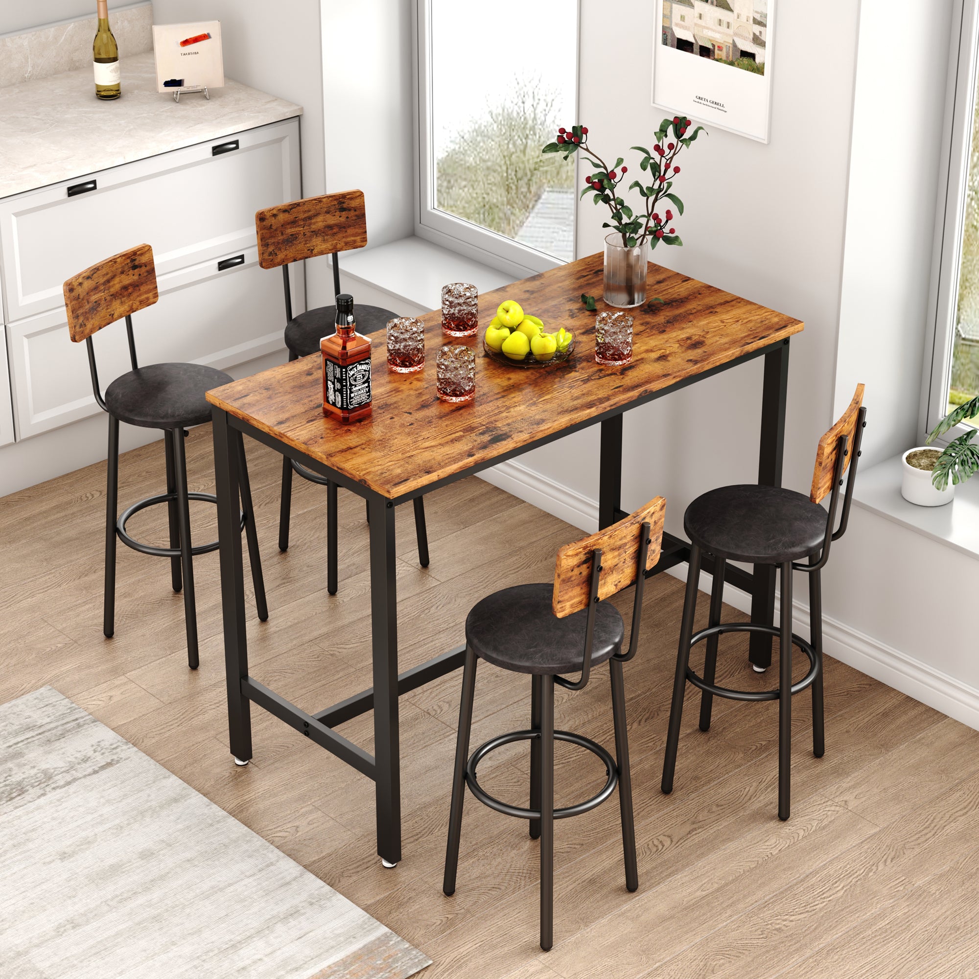 Kitchen Table and Chairs for 4, Wooden Dining Table Set, Breakfast Nook Corner Dining Set, Contemporary High Counter Dining Table Set for Bar Pub Bistro Kitchen Restaurant,
