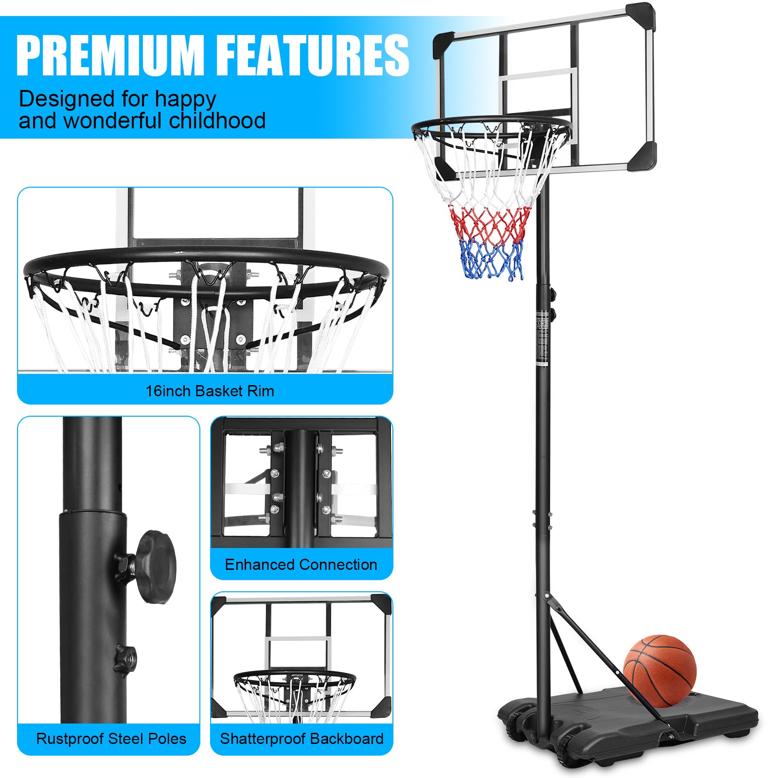 Basketball Hoop for Kids, Indoor Outdoor Basketball Court, 5.4ft-7ft Height Adjustable Basketball Goal with Removable Wheels, TE3089
