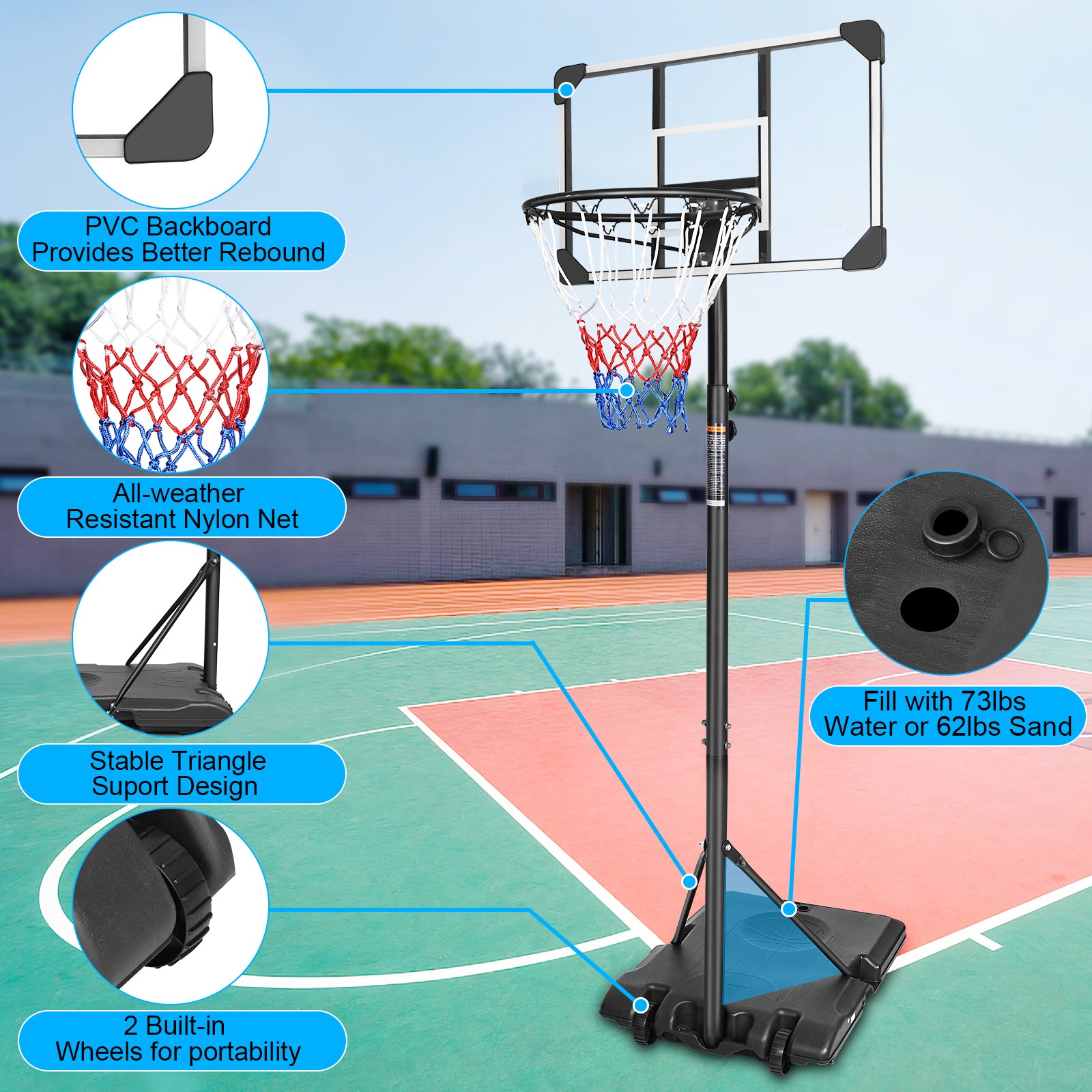 Basketball Hoop for Kids, Indoor Outdoor Basketball Court, 5.4ft-7ft Height Adjustable Basketball Goal with Removable Wheels, TE3089