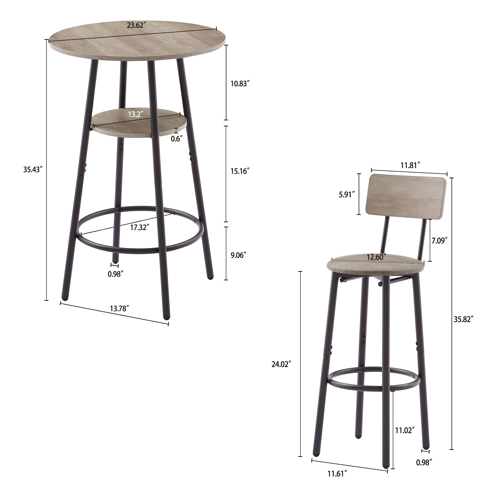 Kitchen Bar Table Set, 3-Piece Bistro Table Set for Kitchen, Round Dining Room Set with 2 Upholstered Chairs, Gray Table and Chairs Dining Set for Pub Bistro Restaurant