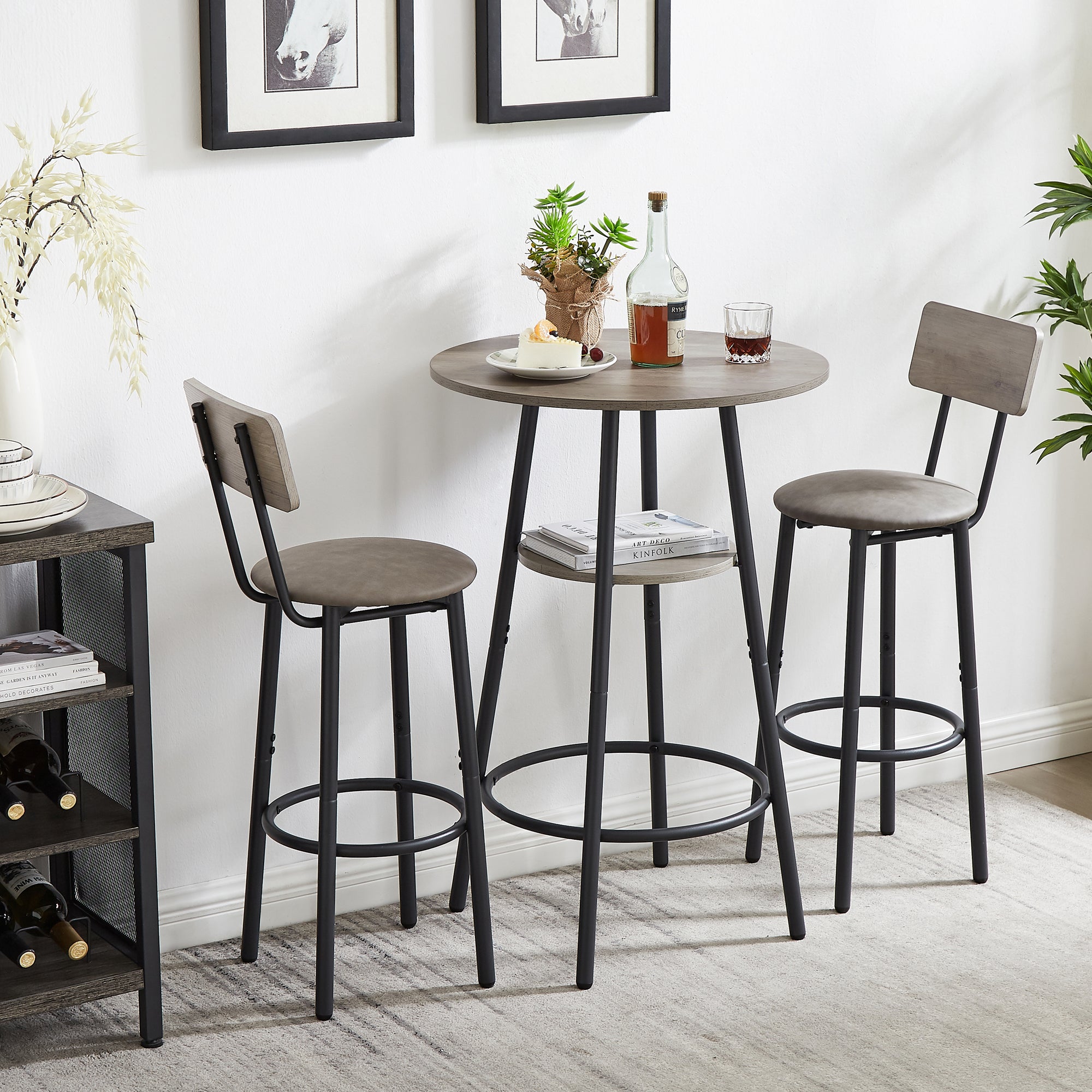 Kitchen Bar Table Set, 3-Piece Bistro Table Set for Kitchen, Round Dining Room Set with 2 Upholstered Chairs, Gray Table and Chairs Dining Set for Pub Bistro Restaurant