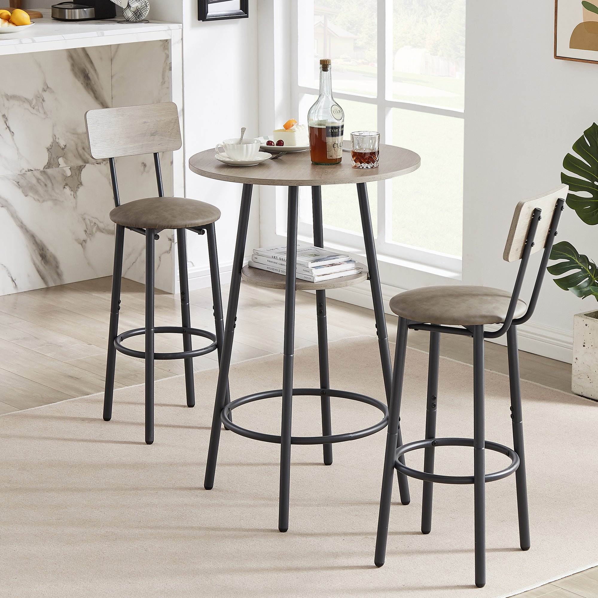 Kitchen Bar Table Set, 3-Piece Bistro Table Set for Kitchen, Round Dining Room Set with 2 Upholstered Chairs, Gray Table and Chairs Dining Set for Pub Bistro Restaurant