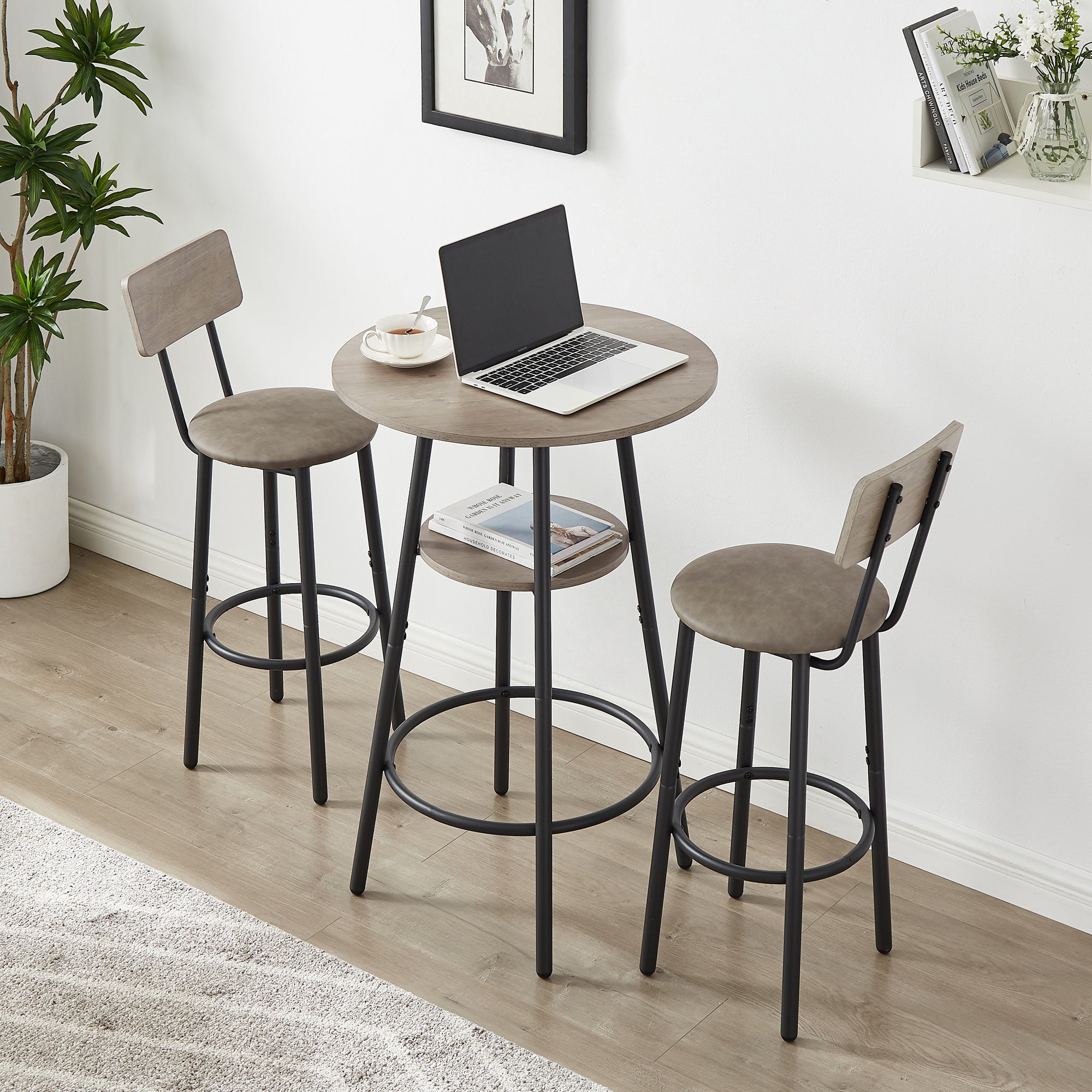 Kitchen Bar Table Set, 3-Piece Bistro Table Set for Kitchen, Round Dining Room Set with 2 Upholstered Chairs, Gray Table and Chairs Dining Set for Pub Bistro Restaurant