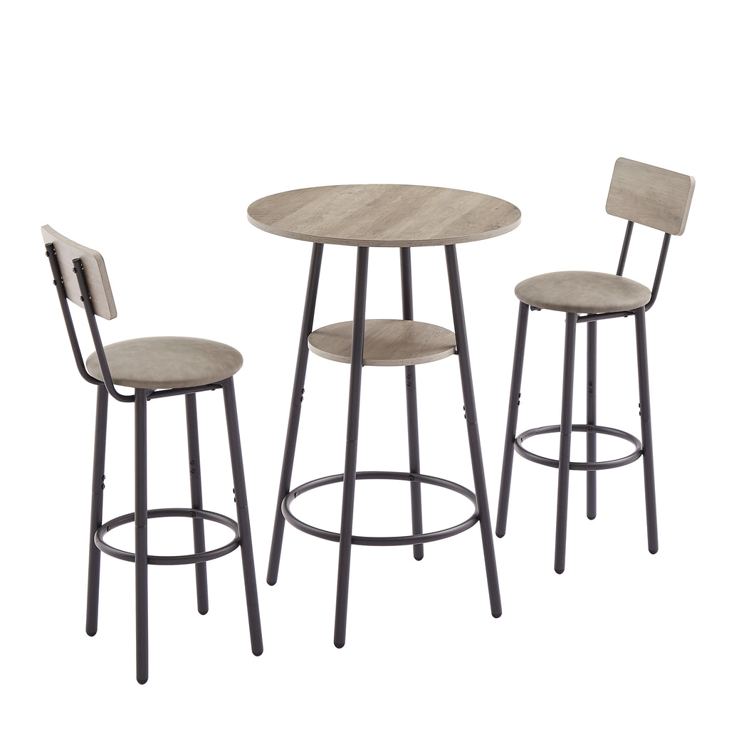 Kitchen Bar Table Set, 3-Piece Bistro Table Set for Kitchen, Round Dining Room Set with 2 Upholstered Chairs, Gray Table and Chairs Dining Set for Pub Bistro Restaurant
