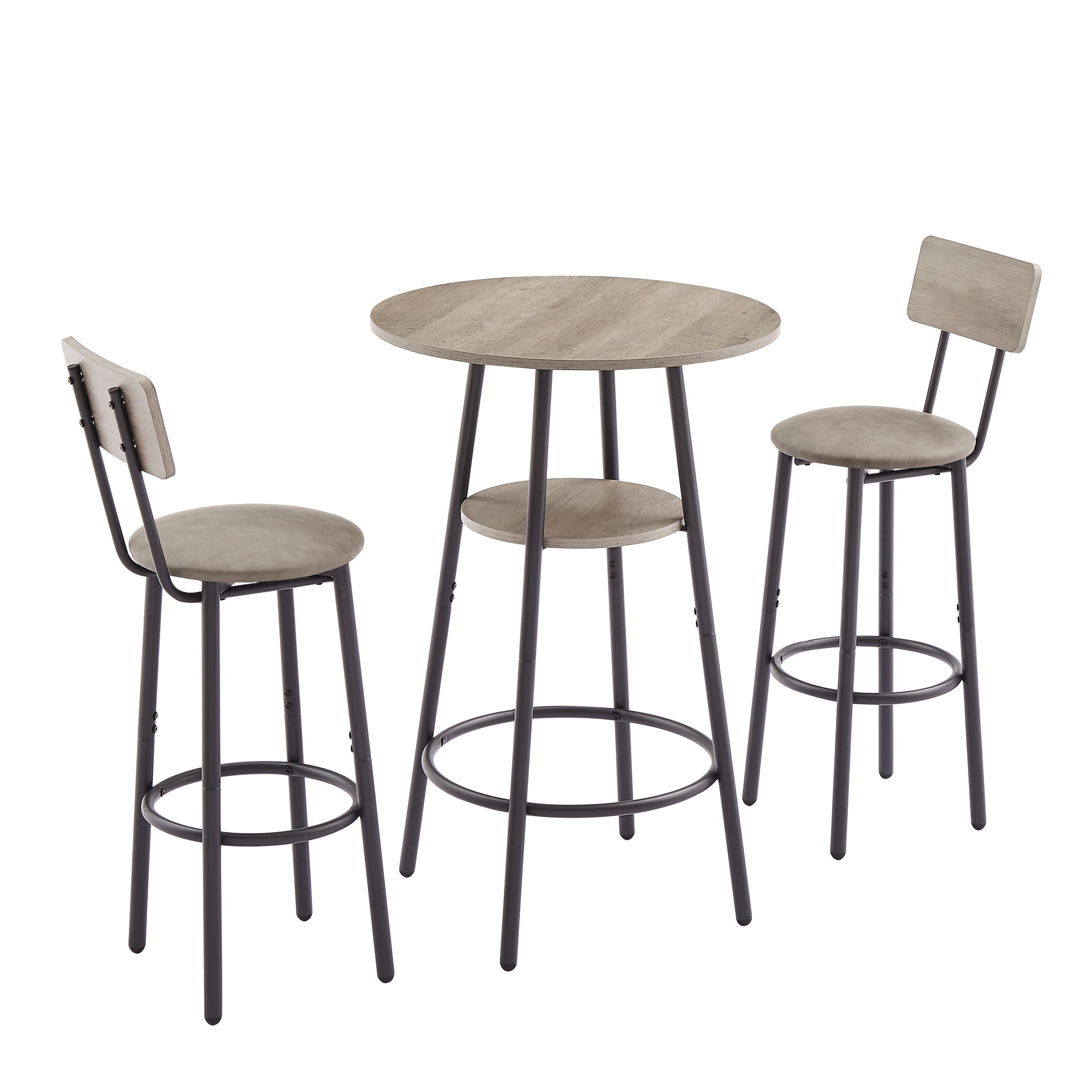 Kitchen Bar Table Set, 3-Piece Bistro Table Set for Kitchen, Round Dining Room Set with 2 Upholstered Chairs, Gray Table and Chairs Dining Set for Pub Bistro Restaurant