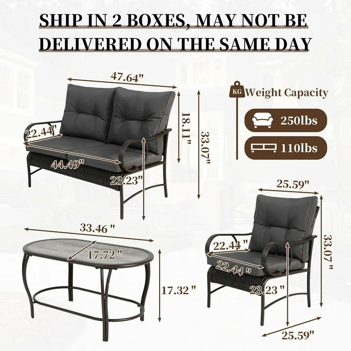 4-Piece Outdoor Sectional Sofa Set, Wicker Conversation Sets with Arm Chairs, Tempered Glass Table, Cushions, All-Weather Rattan Patio Furniture Sets for Backyard Garden Pool