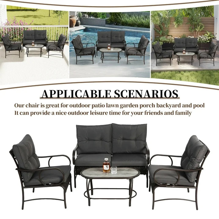 4-Piece Outdoor Sectional Sofa Set, Wicker Conversation Sets with Arm Chairs, Tempered Glass Table, Cushions, All-Weather Rattan Patio Furniture Sets for Backyard Garden Pool