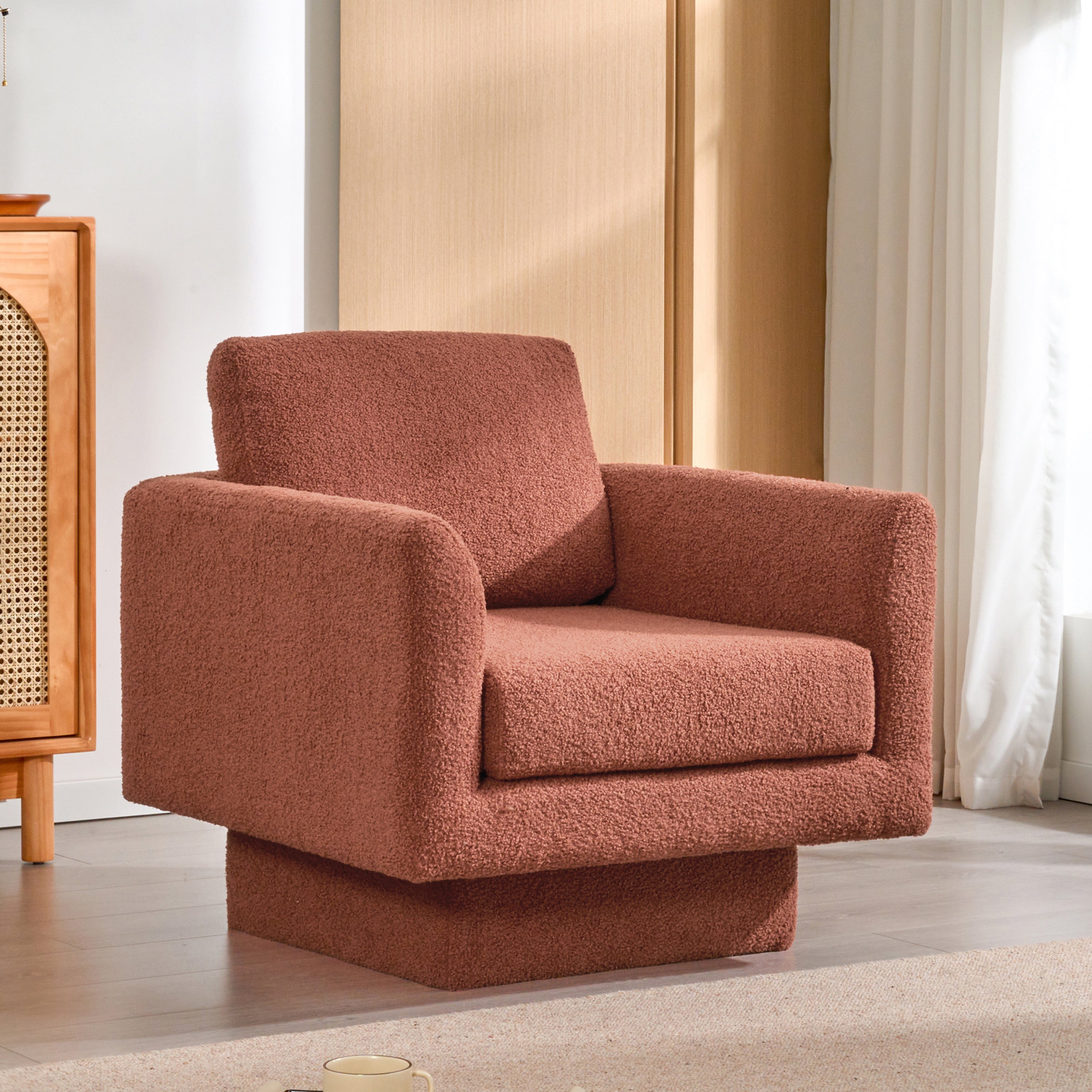 CASEMIOL 360° Swivel Accent Chair, 30" Teddy Sherpa Round Armchair with Thick 6-Inch Cushion, Comfy Upholstered Lounge Barrel Chair for Living Room, Bedroom, Nursery, Reading Club, Red