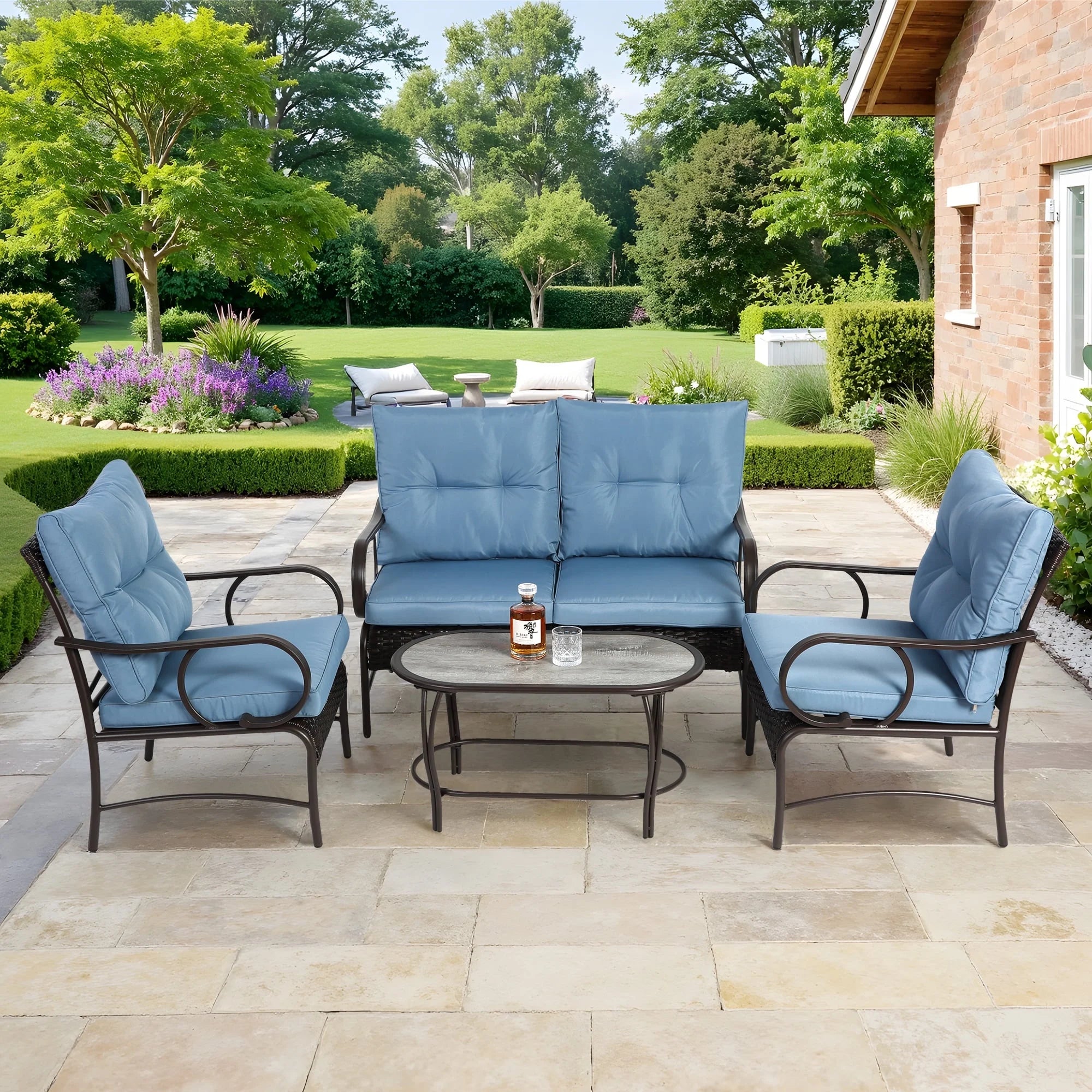 4-Piece Outdoor Sectional Sofa Set, Wicker Conversation Sets with Arm Chairs, Tempered Glass Table, Cushions, All-Weather Rattan Patio Furniture Sets for Backyard Garden Pool