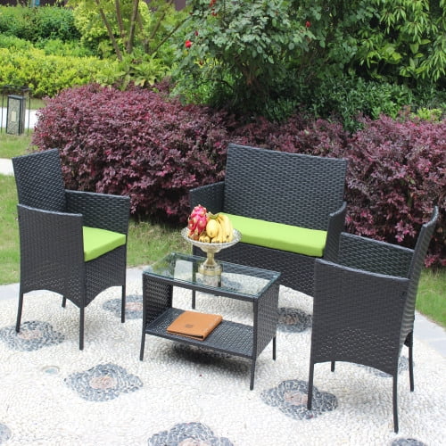 ENYOPRO 4-Piece PE Rattan Patio Conferencing Set, UV-Resistant Outdoor Patio Garden Upholstered Sofa Set with Glass Table (Green Cushions)