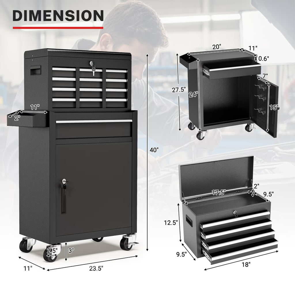 5-Drawer Rolling Tool Chest, Stainless Steel Tool Box with Brake Wheels and 4 Drawers, Black Detachable Tool Cart, Black