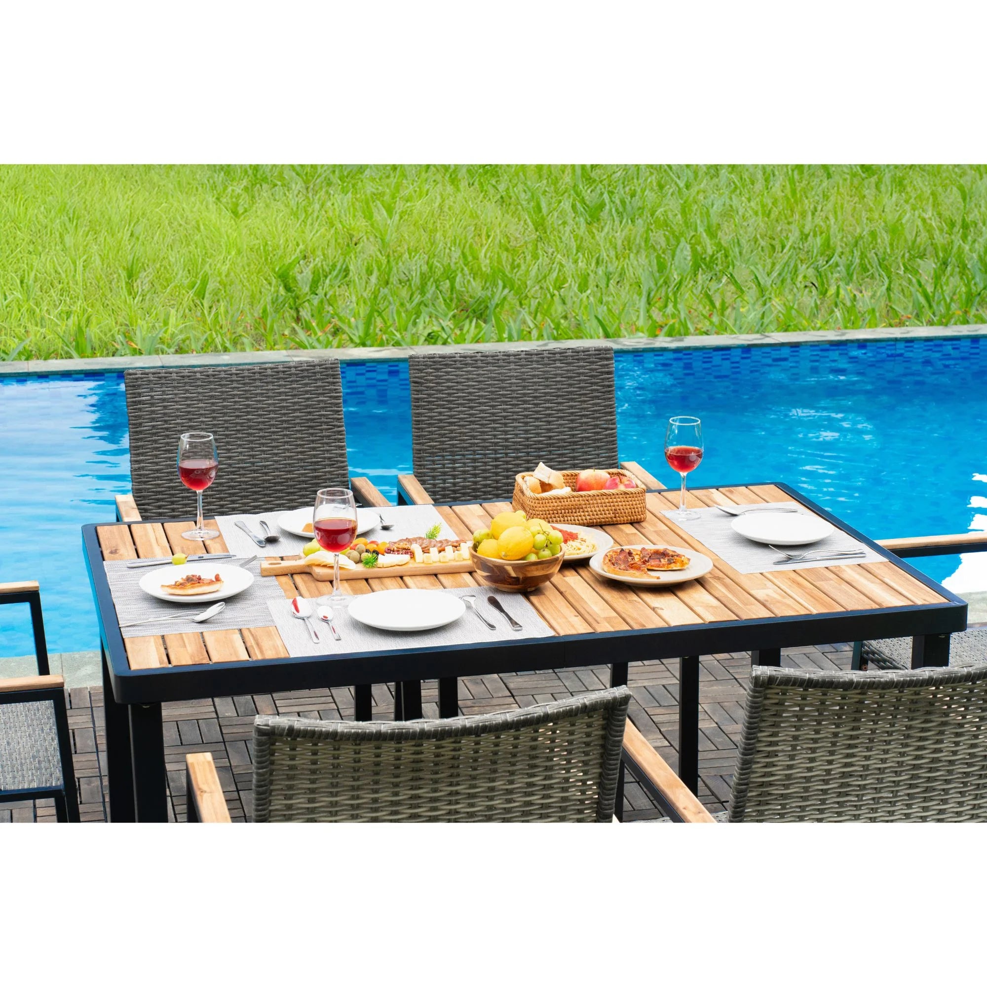 Enyopro 7 Piece Rattan Patio Dining Set, Acacia Wood Tabletop & Umbrella Hole, Modern Garden Conversation Set for Patio, Brown Gray