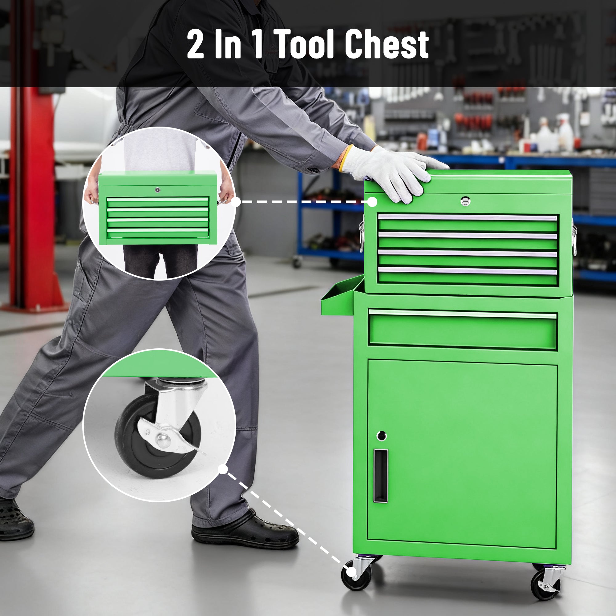 Enyopro 5-Drawer Rolling Tool Chest, Stainless Steel Tool Box with Brake Wheels and 5 Drawers, Detachable Tool Cart, Green