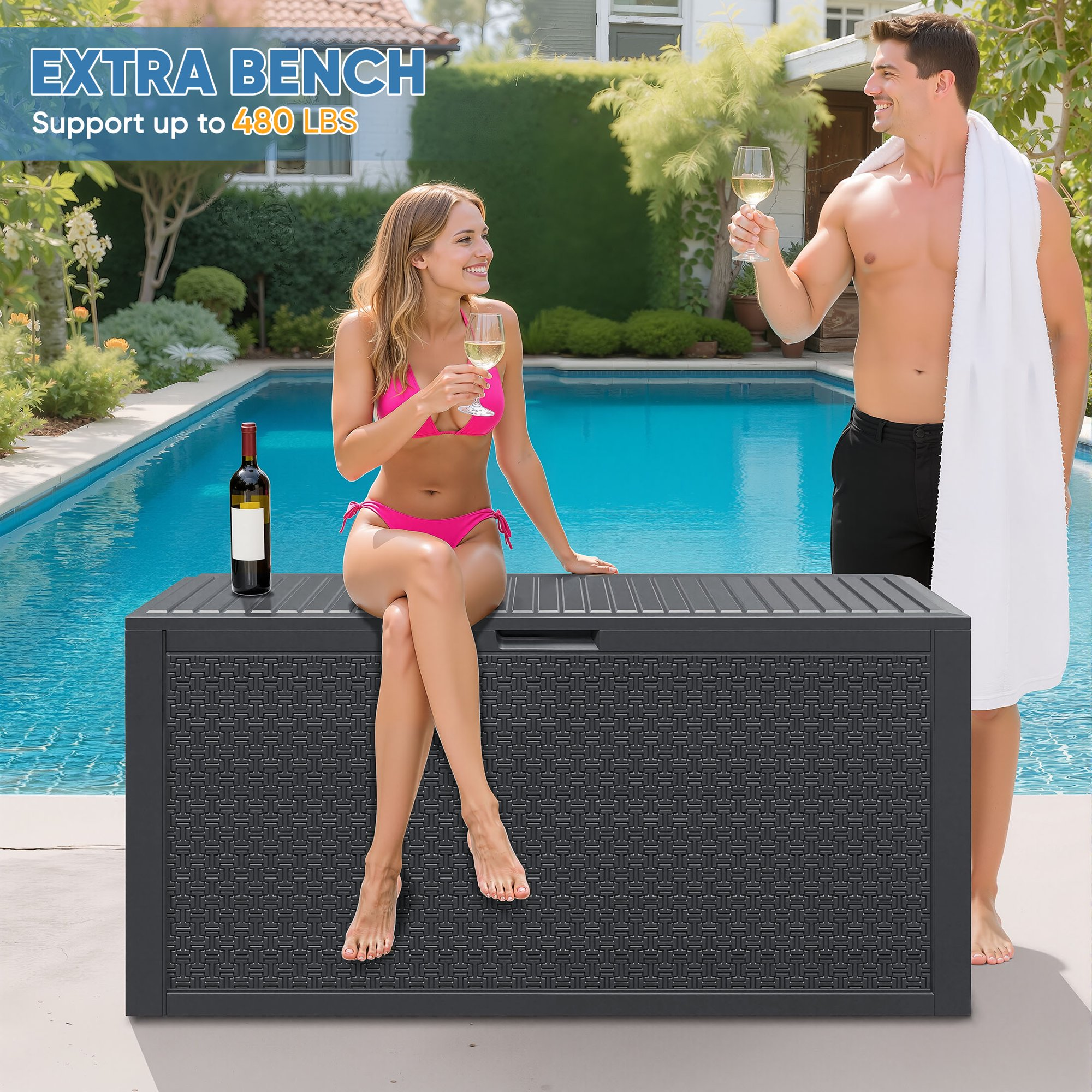 90 GALLON Deck Box, Outdoor Plastic Waterproof Storage Box Bench, Indoor Storage Bin Container for Patio Cushions, Garden Tools and Pool Toys, Gray