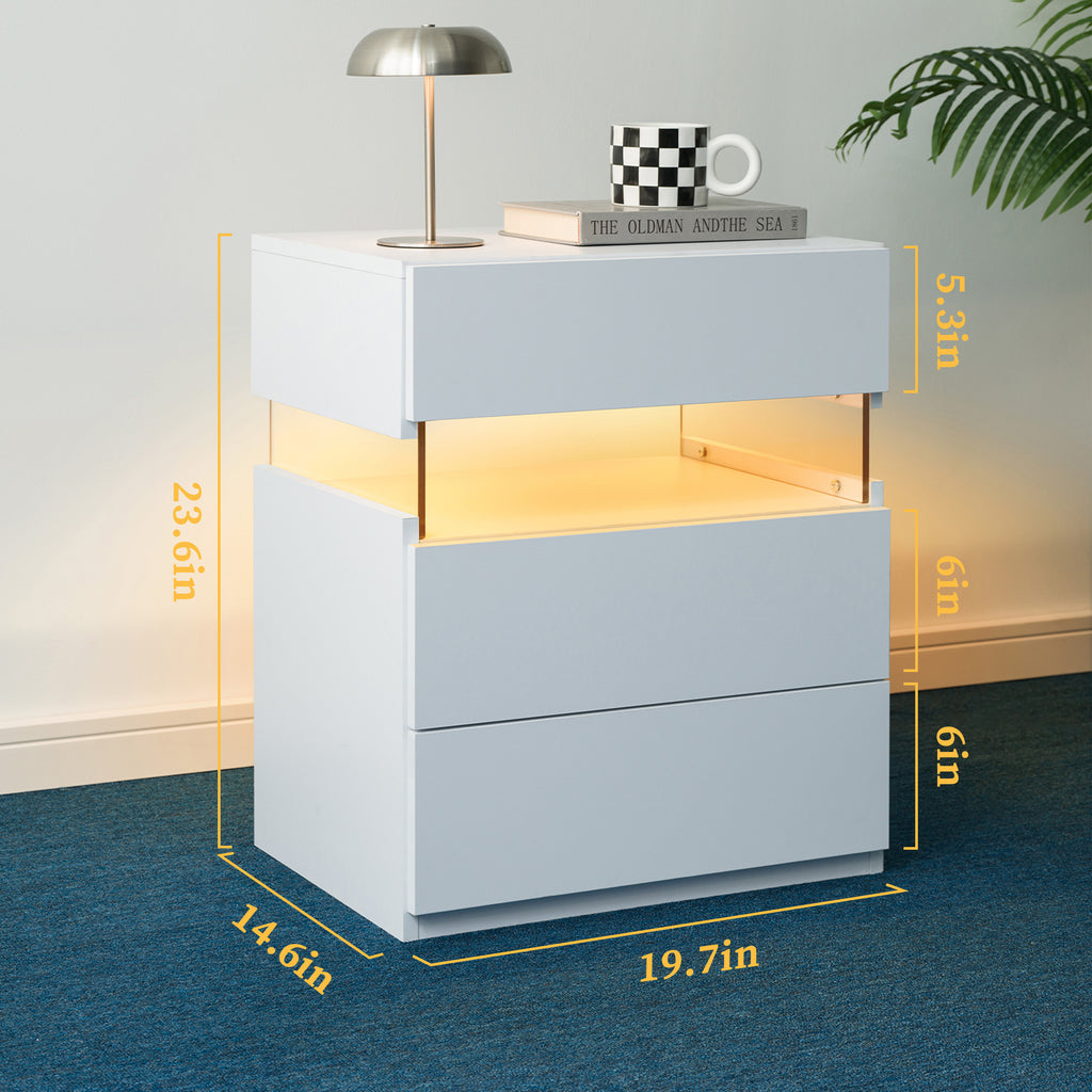 Enyopro LED Nightstand 3 Drawer for Bedroom, Wooden Side Table Storage Cabinet Unit with Acrylic Board for Living Room Bedside Furniture, White