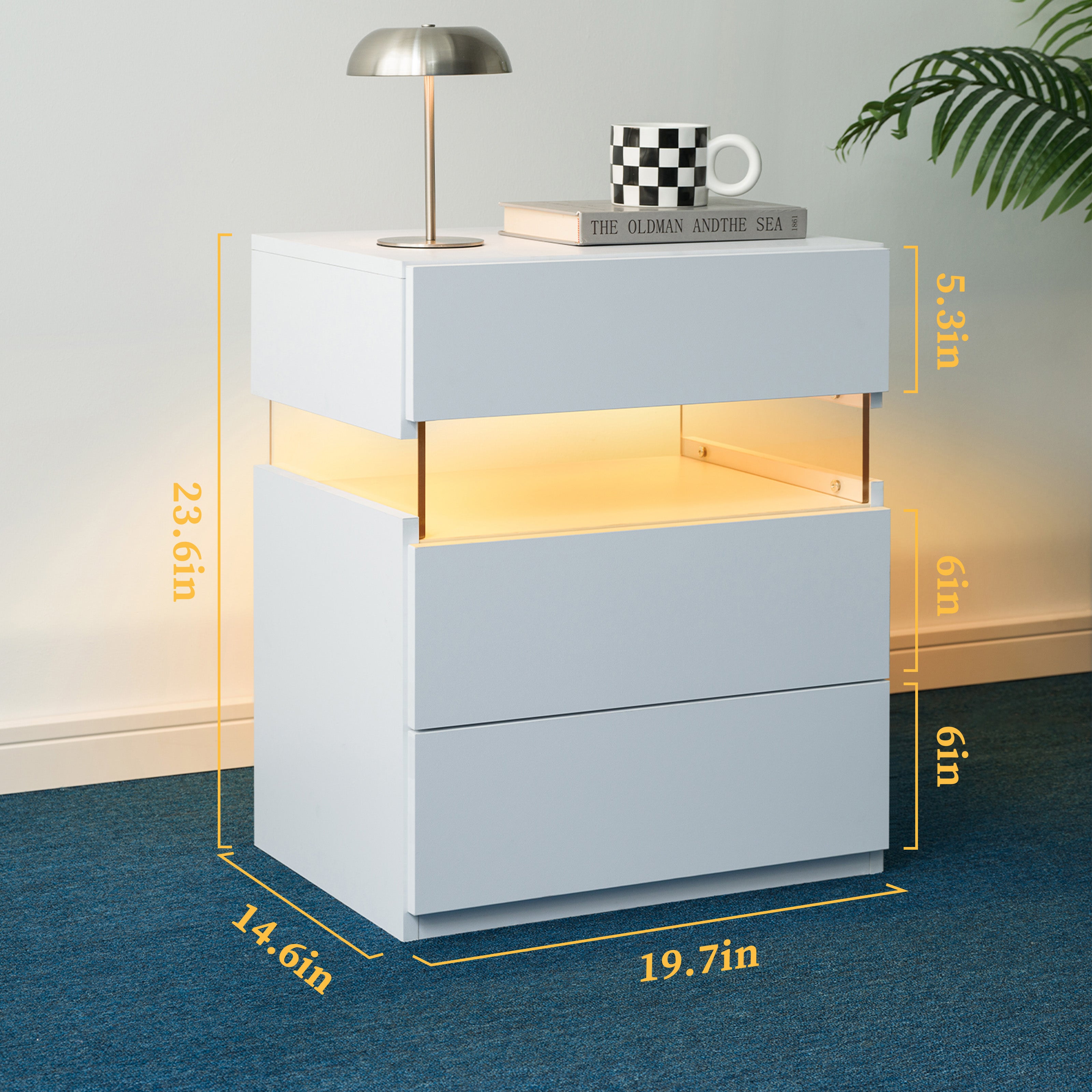 Enyopro LED Nightstand 3 Drawer for Bedroom, Wooden Side Table Storage Cabinet Unit with Acrylic Board for Living Room Bedside Furniture, White