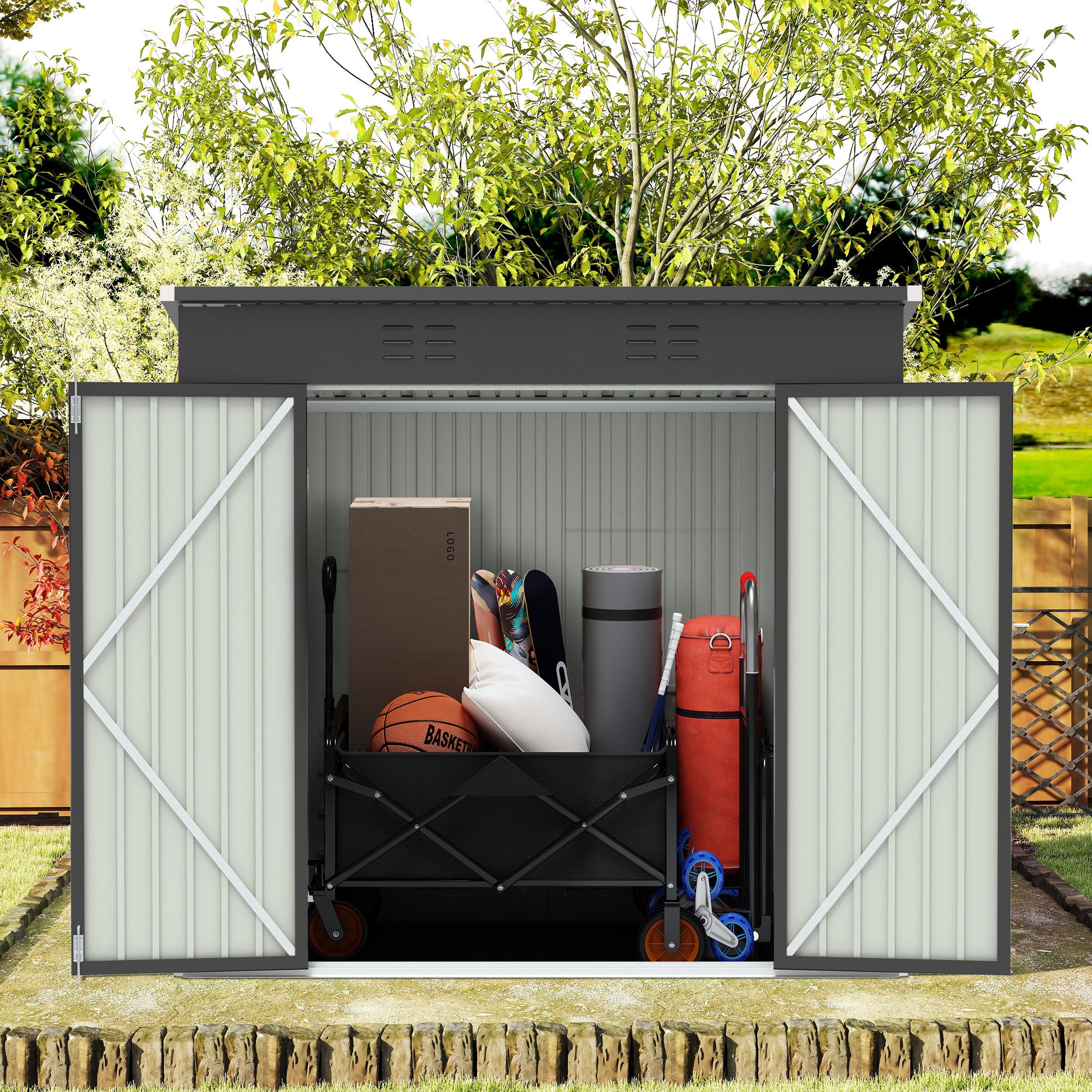 ENYOPRO 6' x 4' Outdoor Storage Shed, Gray Galvanized Metal Garden Tool Shed with Lockable Double Doors, Sloped Roof & Vent for Bike, Lawn Mower & Garden Tools