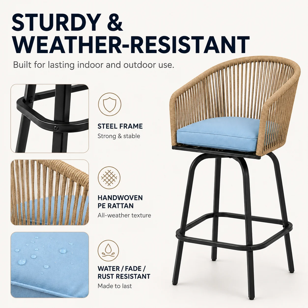 Outdoor Swivel Bar Stools Set of 4, Counter Height Wicker Patio Bar Chairs with Backs, Armrests, Cushions and Footrests, All-Weather Rattan Seating for Poolside, Deck and Balcony