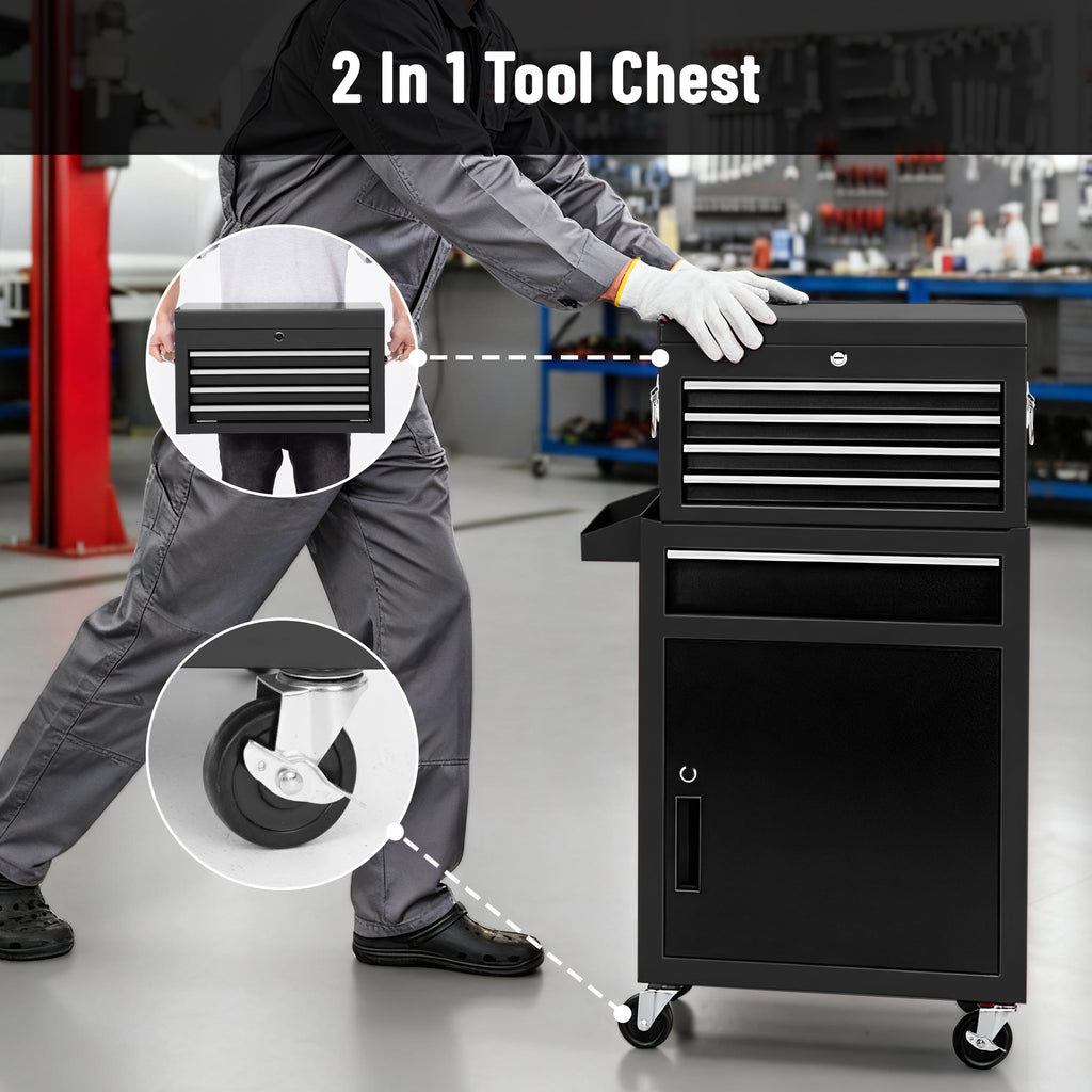 5-Drawer Rolling Tool Chest, Stainless Steel Tool Box with Brake Wheels and 4 Drawers, Black Detachable Tool Cart, Black