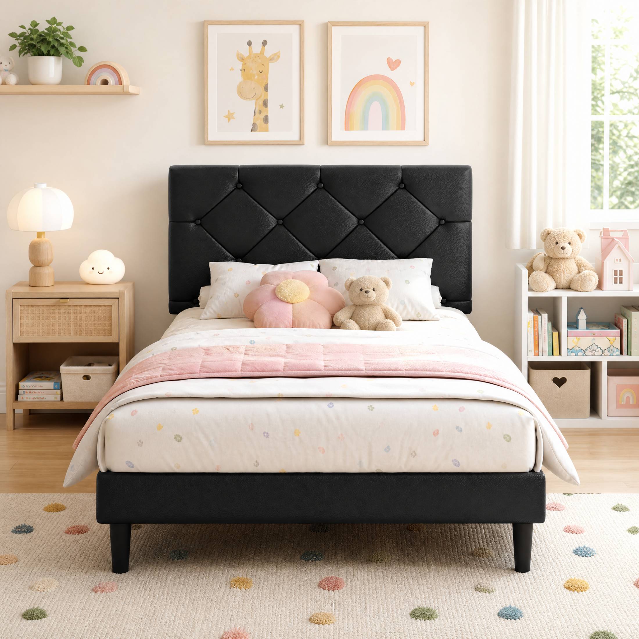Twin Bed Frame with Headboard, SESSLIFE Upholstered Platform Bed Frame with Faux Leather Headboard, Sturdy Wood Slat Support, No Box Spring Needed, Bedroom