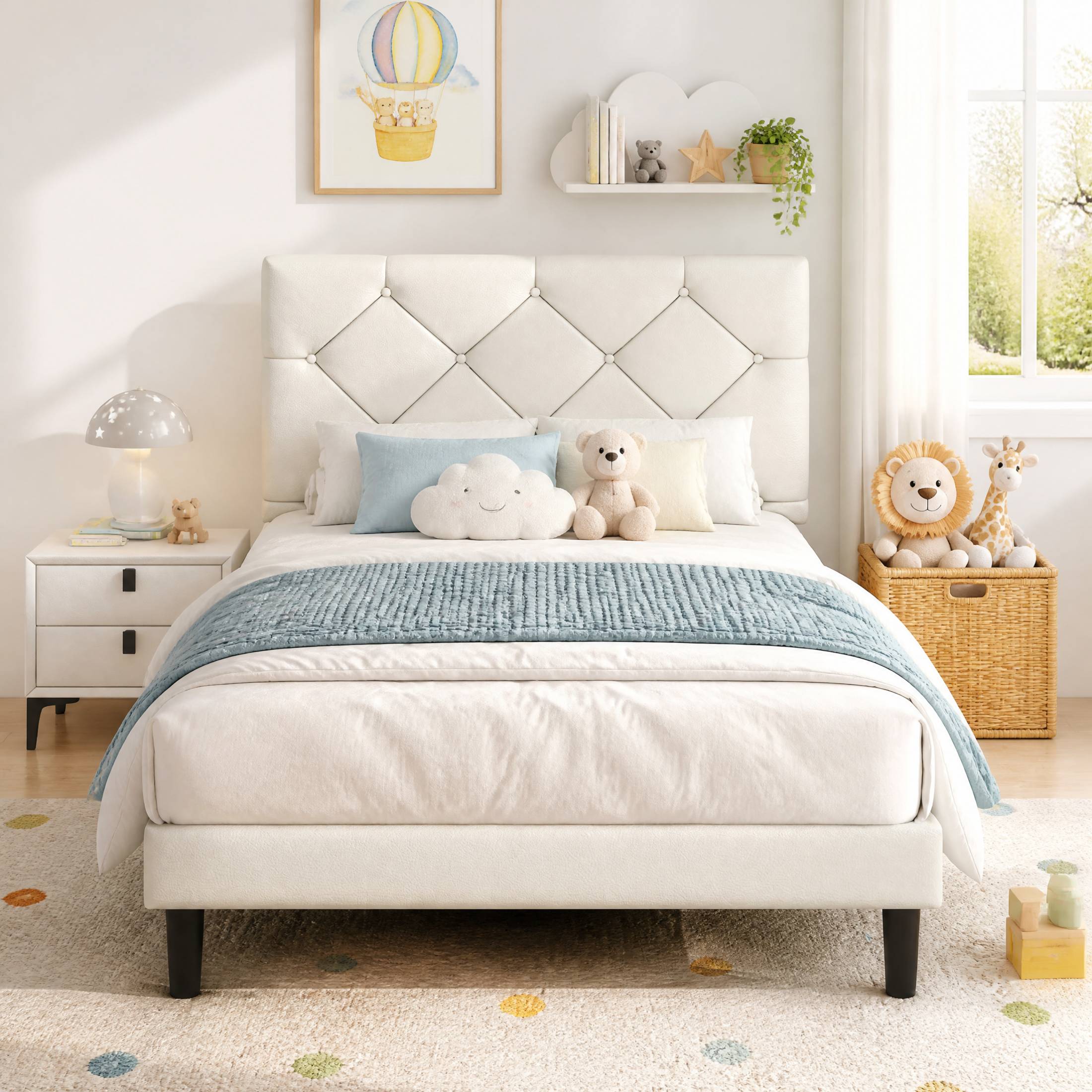 Twin Bed Frame with Headboard, SESSLIFE Upholstered Platform Bed Frame with Faux Leather Headboard, Sturdy Wood Slat Support, No Box Spring Needed, Bedroom