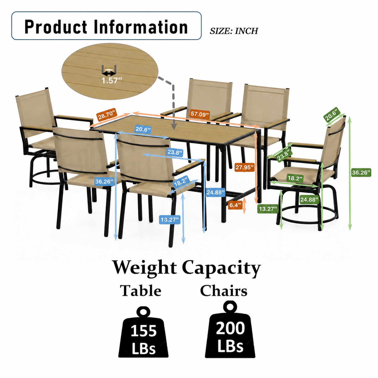 Enyopro 7-Piece Outdoor Patio Dining Set with Rectangle Steel Table & Textilene Chairs for 6-Person, Patio Conversation Set for Backyards, Porches, Lawn,Black & White