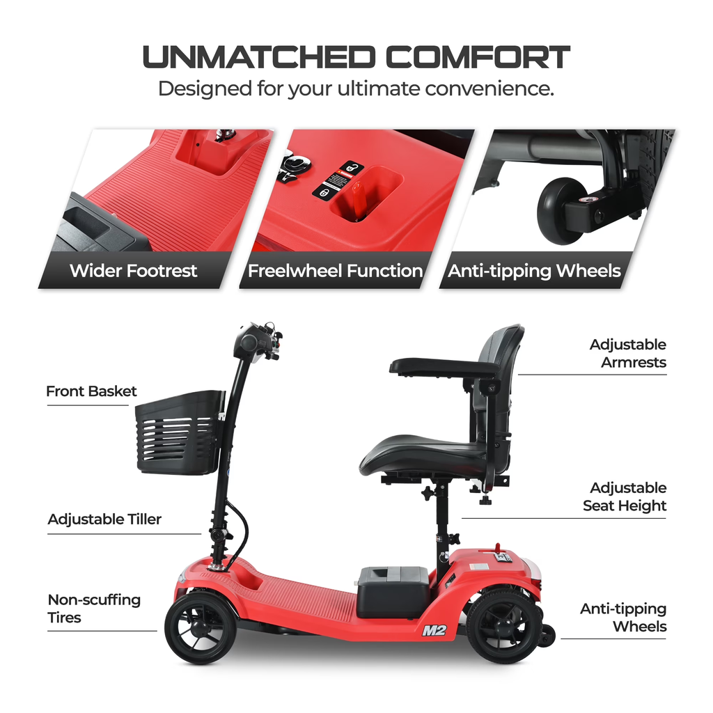 ENYOPRO Mobility Scooters for Seniors, 4 Wheel Foldable Electric Wheelchair Device with Bright Headlights USB Port, 330 lbs Capacity, Red