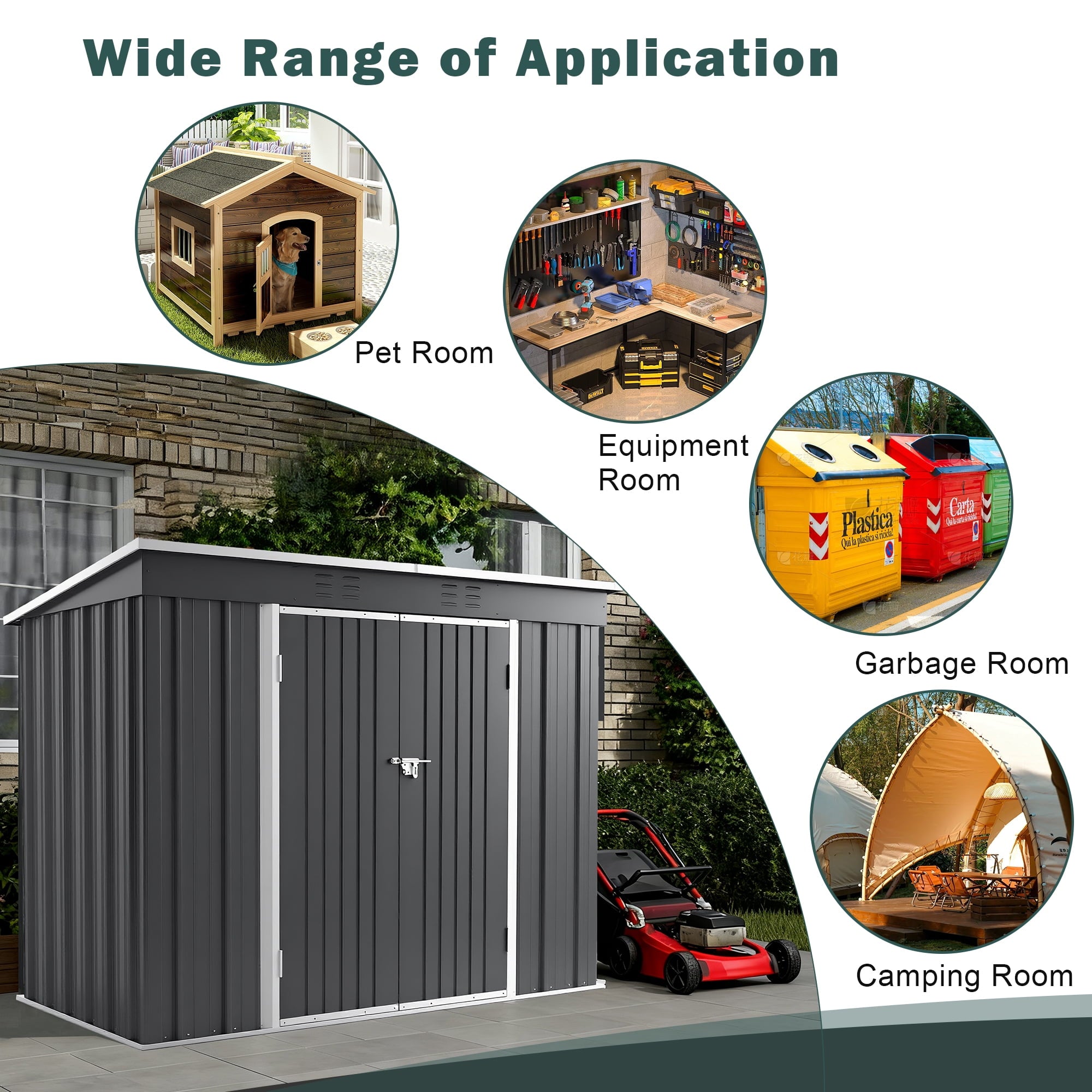 ENYOPRO 8' x 4' Outdoor Storage Shed, Galvanized Metal Garden Tool Shed with Lockable Double Doors, Sloped Roof & Vent for Bikes, Lawn Mower & Garden Tools, Gray