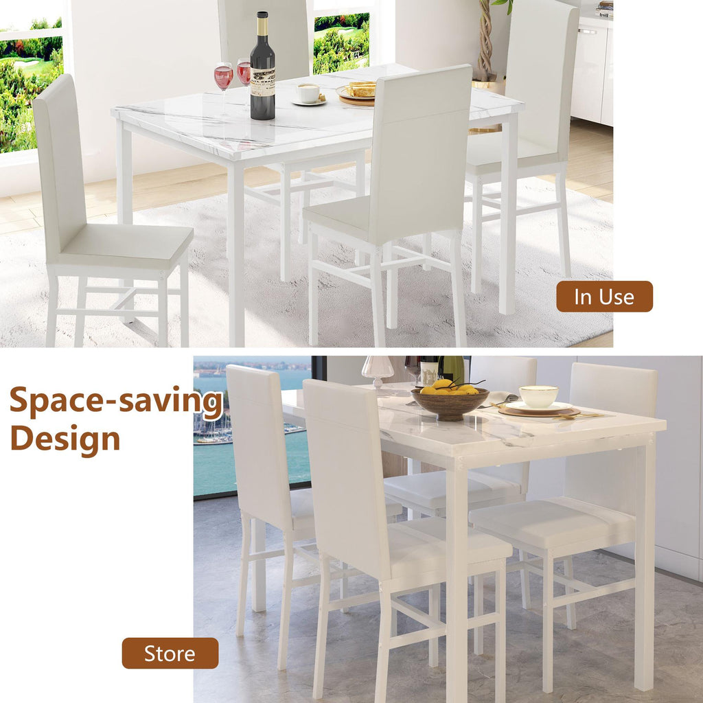 Dining Room Table Set for 4, Kitchen Table Set with 4 PU Upholstery Chairs, Modern Faux Marble Top Finish Dining Set for Bar, Breakfast Nook, White
