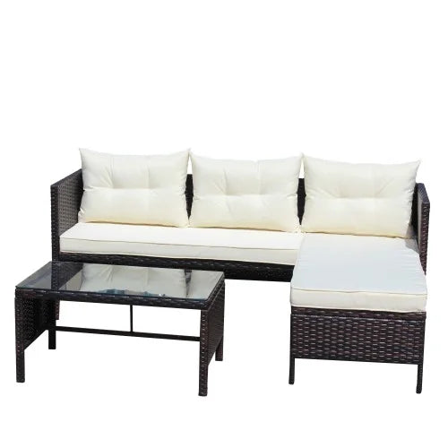 ENYOPRO 3-Piece Outdoor Patio Set, PE Rattan Lounge Sofa with Glass Table, Suitable for Patios, Gardens, Backyards, and Poolside (Off-White )