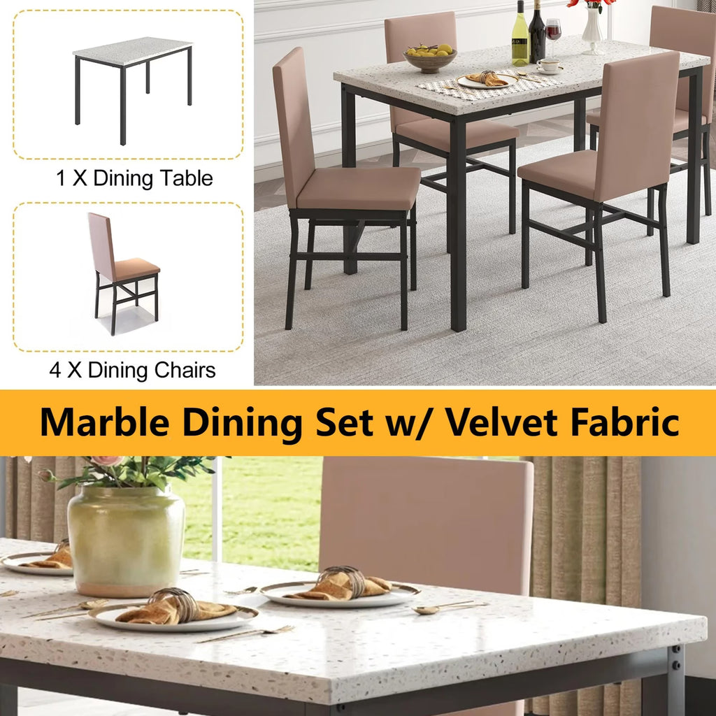 5 Piece Rectangle Dining Table Set for Small Space, Modern Faux Marble Tabletop and 4 Velvet Chairs, Compact Kitchen Table Set for Home, Breakfast Nook, Cafeteria Dining Room