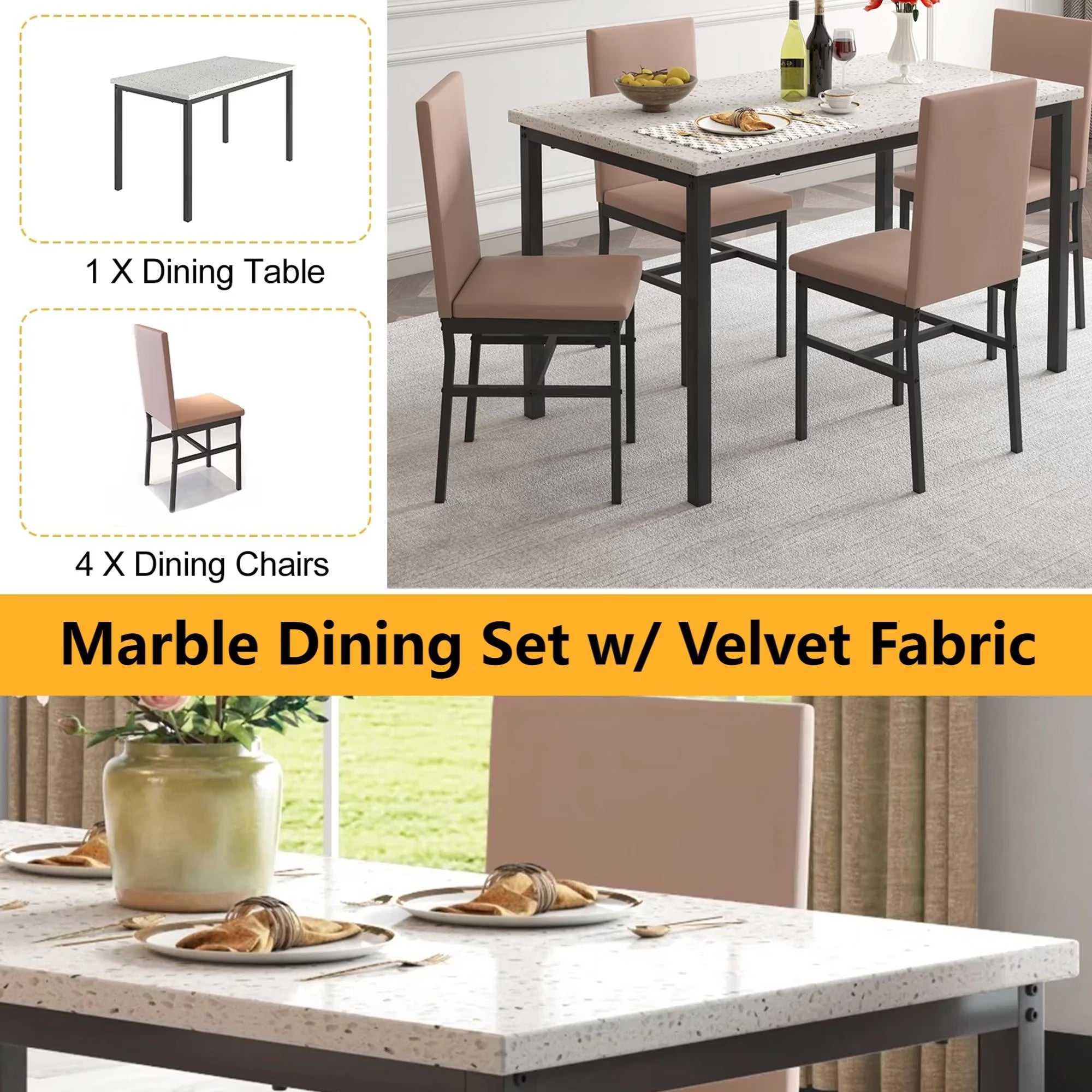 5 Piece Rectangle Dining Table Set for Small Space, Modern Faux Marble Tabletop and 4 Velvet Chairs, Compact Kitchen Table Set for Home, Breakfast Nook, Cafeteria Dining Room