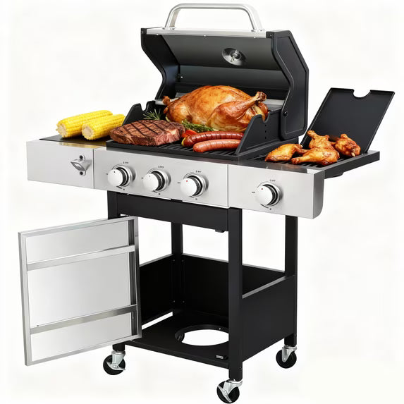 ENYOPRO 3 Burner Propane Gas Grill , Outdoor BBQ Grill with Side Burner, 37,230 BTU Gas Grill with Warming Rack, Thermometer, Lockable Casters for Patio, Garden & Camping