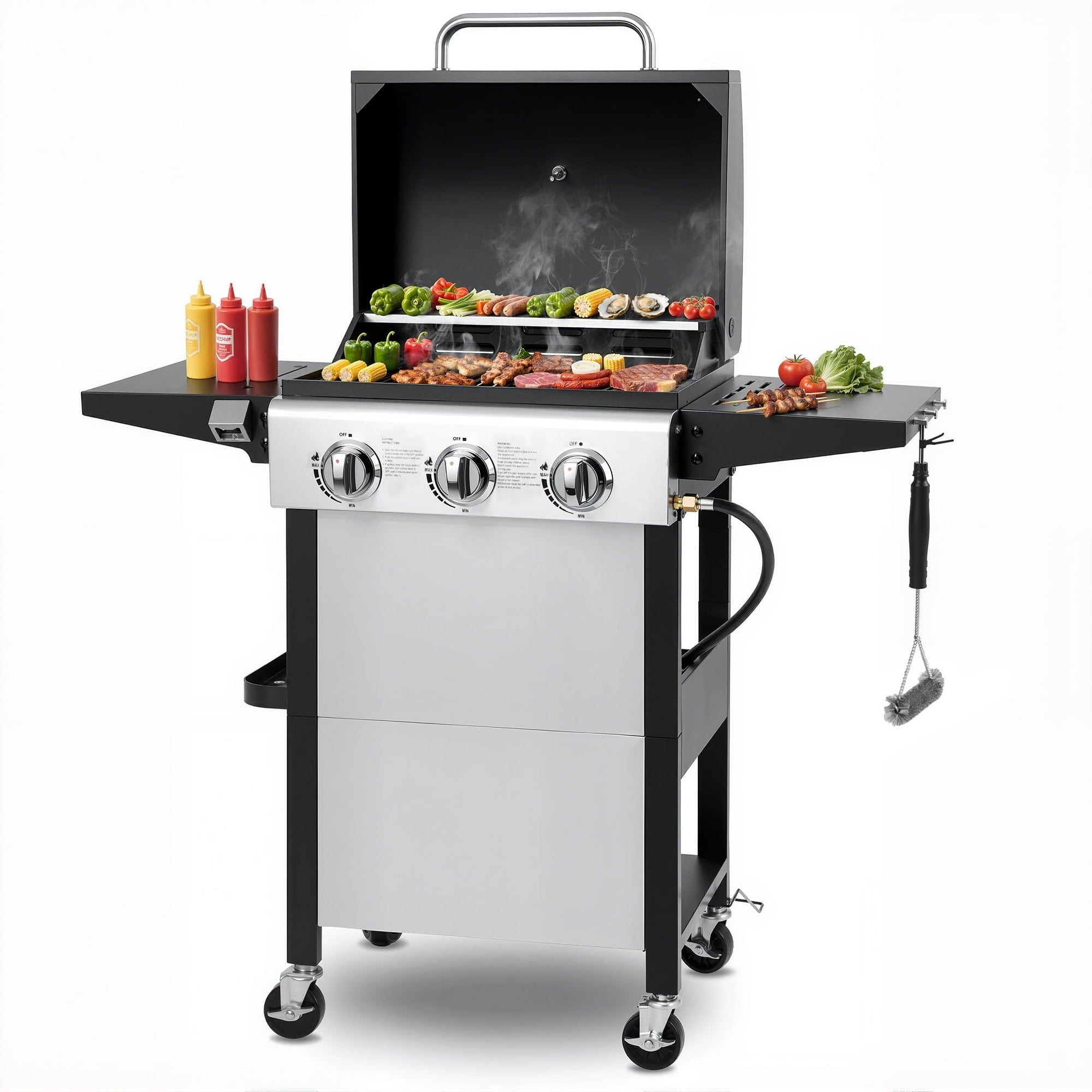 Enyopro 3-Burner Propane Gas Grill, 27000 BTU BBQ Grill with Foldable Side Table, Stainless Steel Warming Rack, Hooks, and Built-In Bottle Opener for Outdoor Barbecue