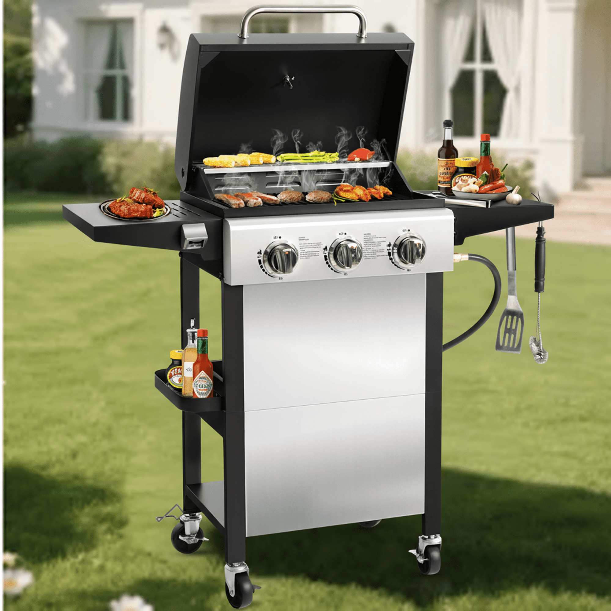 Enyopro 3-Burner Propane Gas Grill, 30000 BTU BBQ Grill with Foldable Side Table, Stainless Steel Warming Rack, Hooks, and Built-In Bottle Opener for Outdoor Barbecue