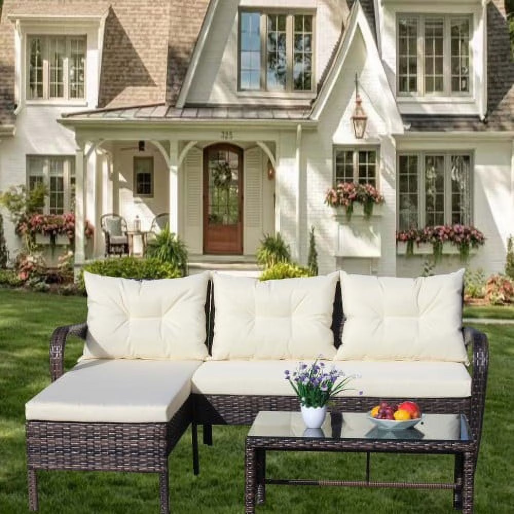 3-Piece Outdoor Patio Set, Brown Rattan Outdoor Living Set with Coffee Glass Table and Cushions, Suitable for Patios, Gardens, Backyards, and Poolside (Beige Cushions)