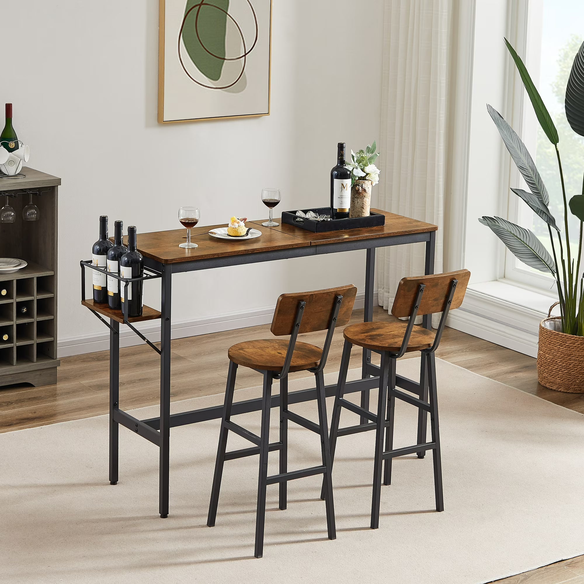 3 Pieces Bar Table Set, Brown Dining Table Set with 2 Stools, Kitchen Table Set with Bottle Storage Rack, Compact Kitchen Table Set, 47.24 x 15.75 x 35.43 inch