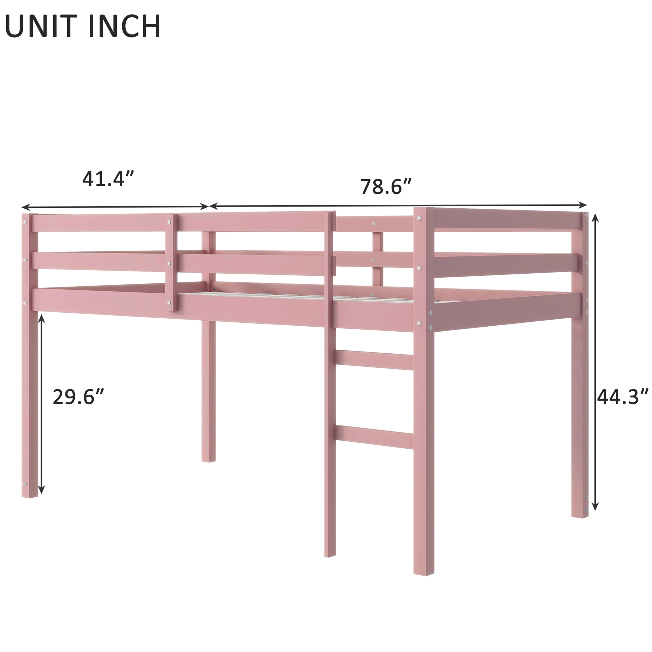 PAPROOS Twin Loft Bed with Ladder, Low Height Solid Wood Loft Bed Frame, Loft Bed with Guardrails and Storage Space Underneath, No Box Spring Needed, Pink