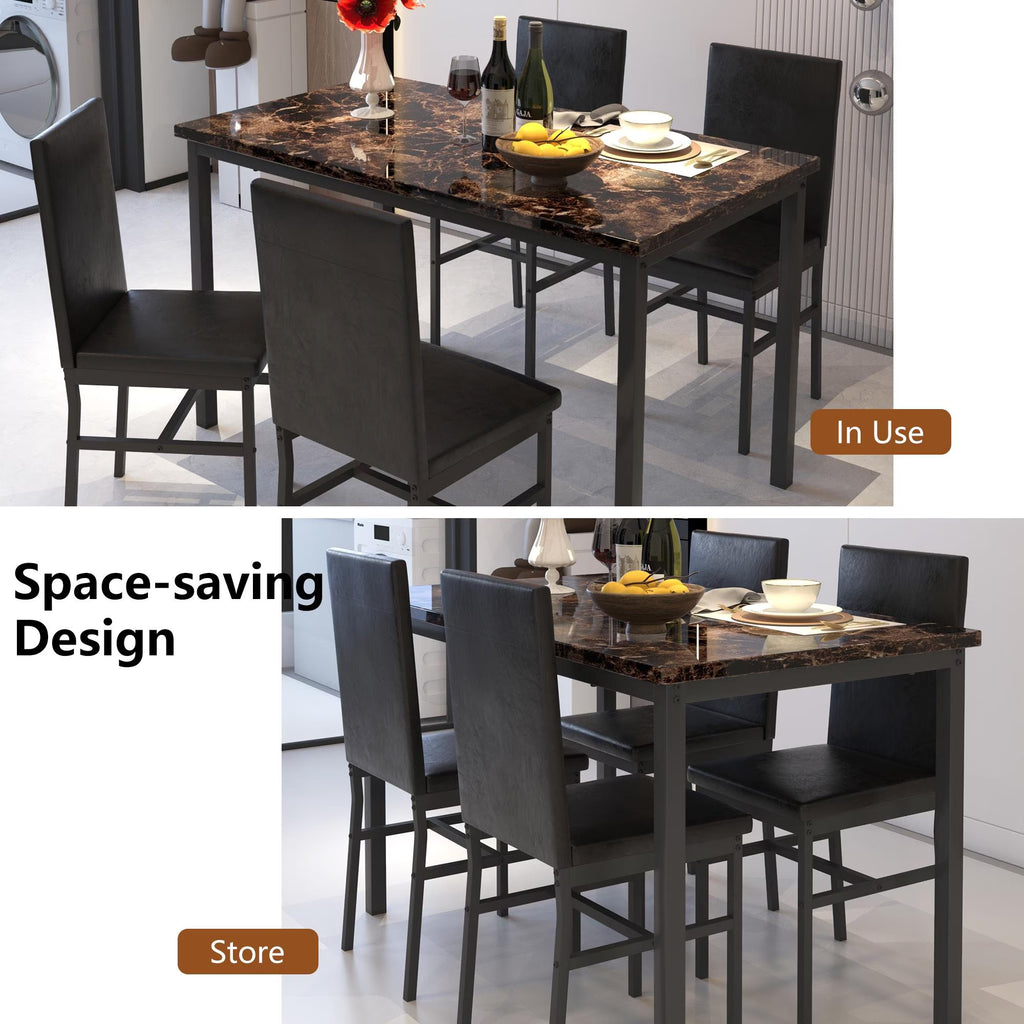 Dining Room Table Set for 4, Kitchen Table Set with 4 Upholstery Chairs Chairs, Modern Faux Marble Top Finish Dining Set for Bar, Breakfast Nook, Brown