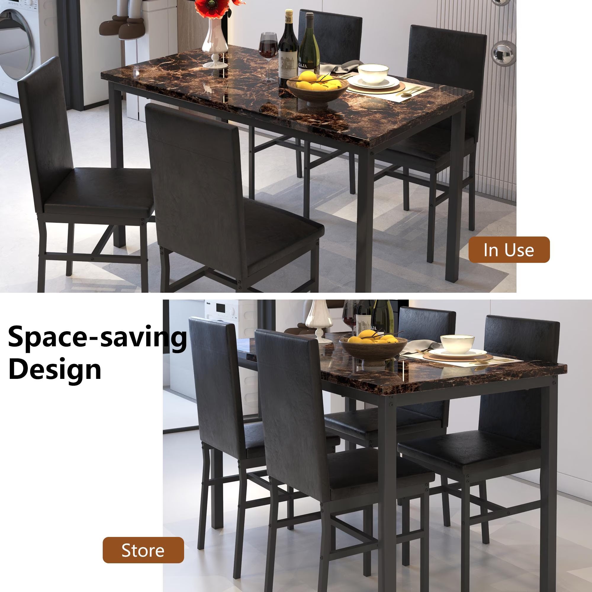 Dining Room Table Set for 4, Kitchen Table Set with 4 Upholstery Chairs Chairs, Modern Faux Marble Top Finish Dining Set for Bar, Breakfast Nook, Brown