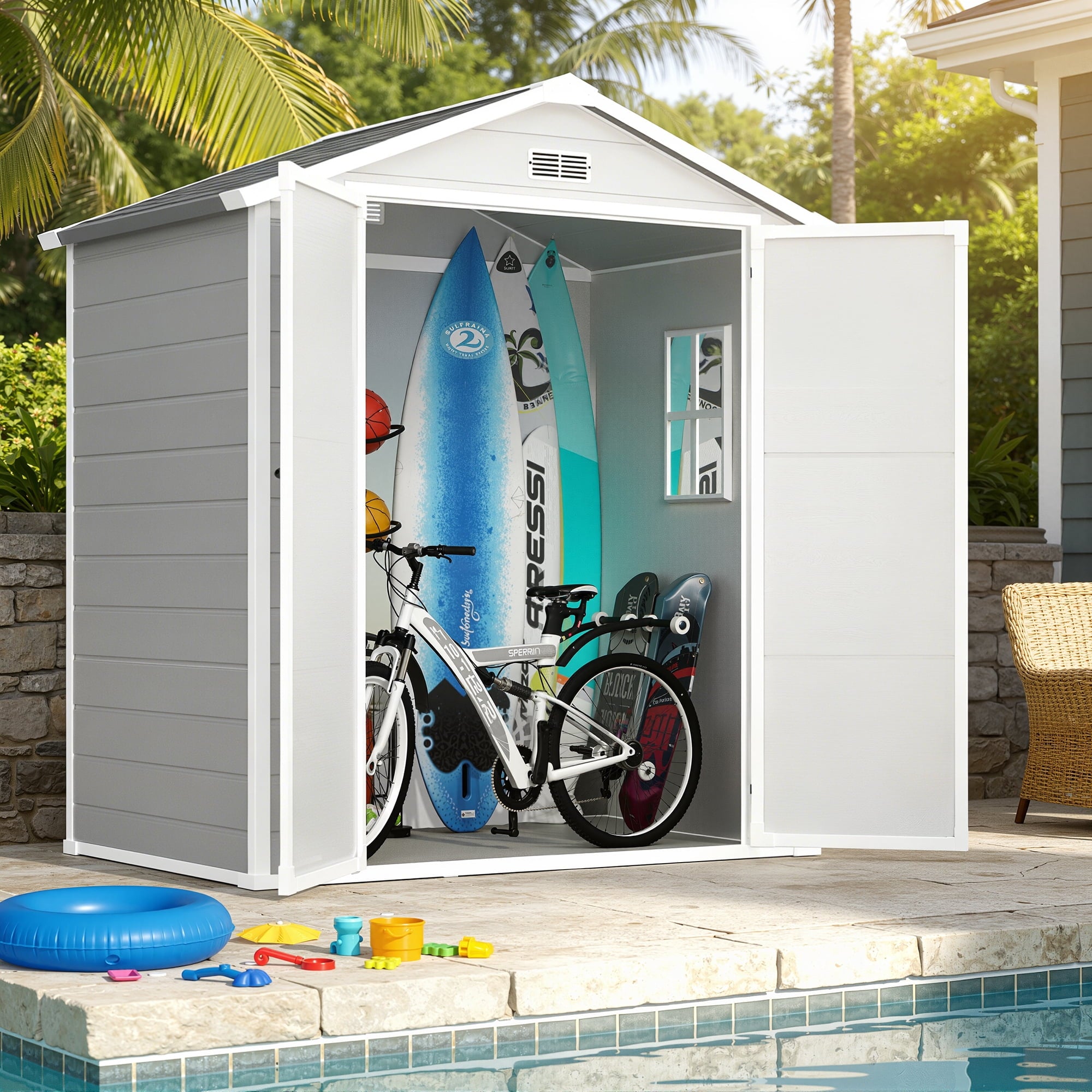 Enyopro 6×4.4ft Storage Shed, All-Weather Resin Sheds with Floor, Large Tool Plastic shed with Double Lockable Door, Bike Storage Resin Shed with Window for Garden Lawn Patio