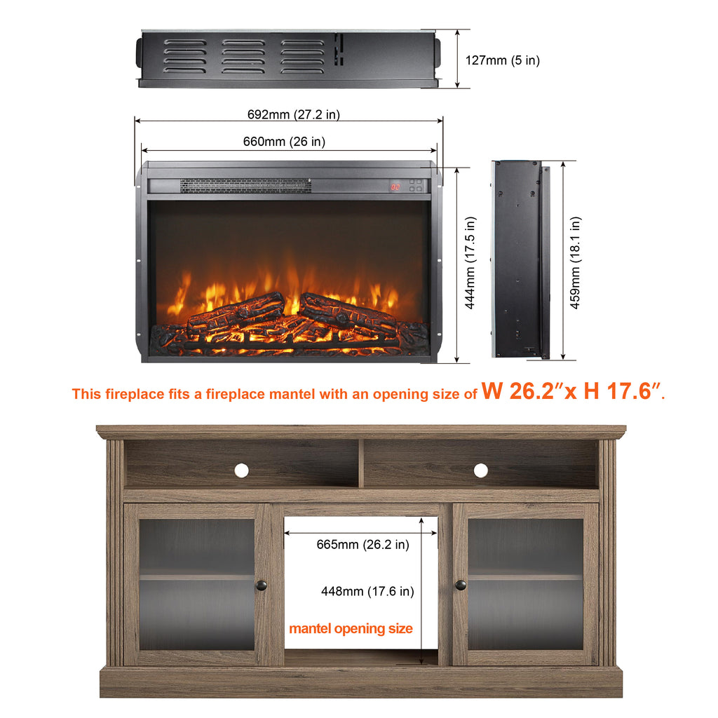26" Electric Fireplace Insert, Wall Recessed 3D Electric Fireplace, 1400W Fake Fireplace Heater with Adjustable Flame and Timer