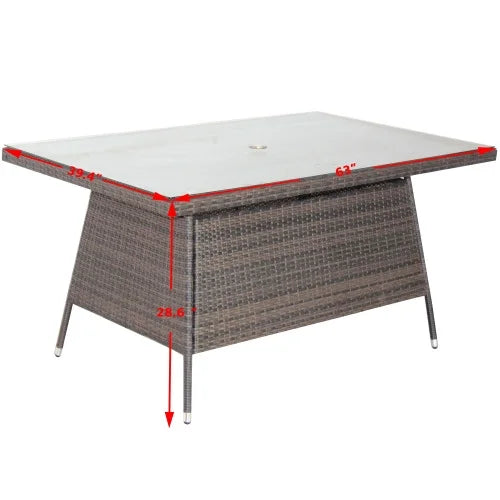 Outdoor Patio Dining Table 63" x 39.4" Rectangular Aluminum Outdoor Clear Glass Dining Table, seats 6, brown