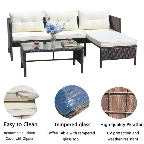 ENYOPRO 4-Piece Outdoor Patio Living Set, PE Rattan Modular All-Weather Lounge Set with Glass Table, Suitable for Patios, Gardens, Backyards, and Poolside (Off-White Cushions)