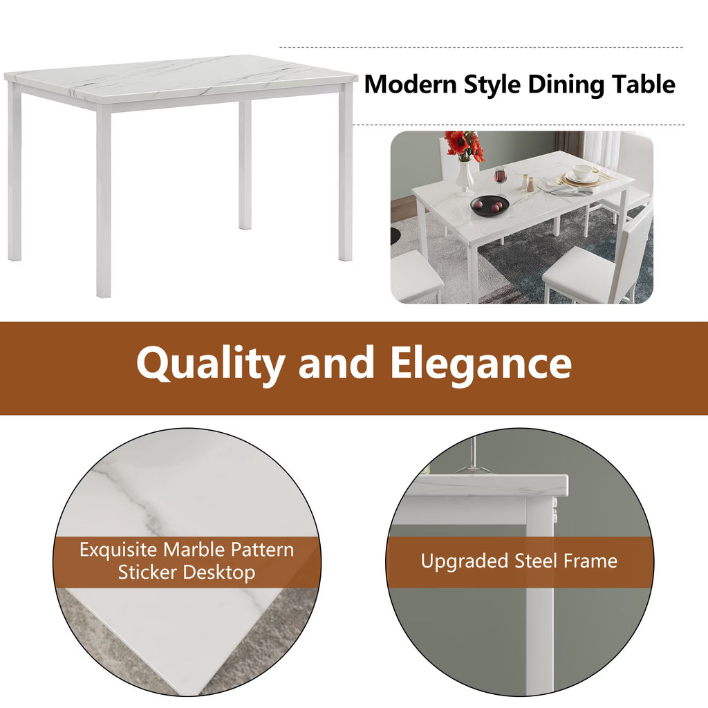 Dining Room Table Set for 4, Compact Kitchen Table and Chairs Set, Including 4 Upholstered Chairs, Marble Tabletop Rectangular Table, White
